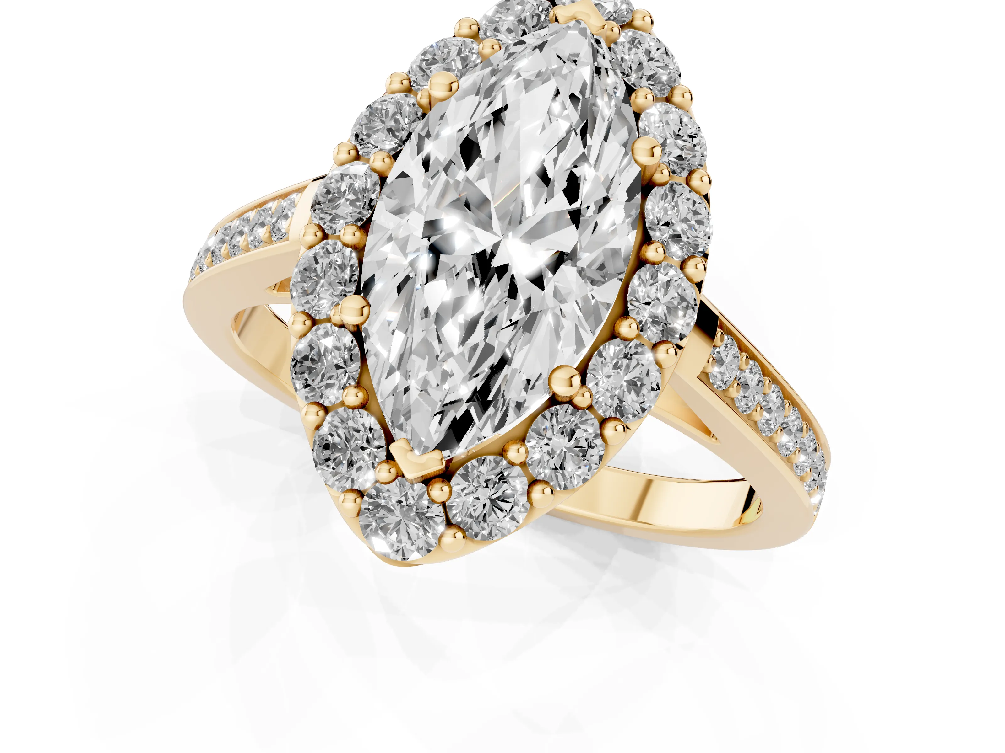 Marquise Cut Diamond Floral Halo Ring Set in Yellow gold with Pavé Band and Prong Setting