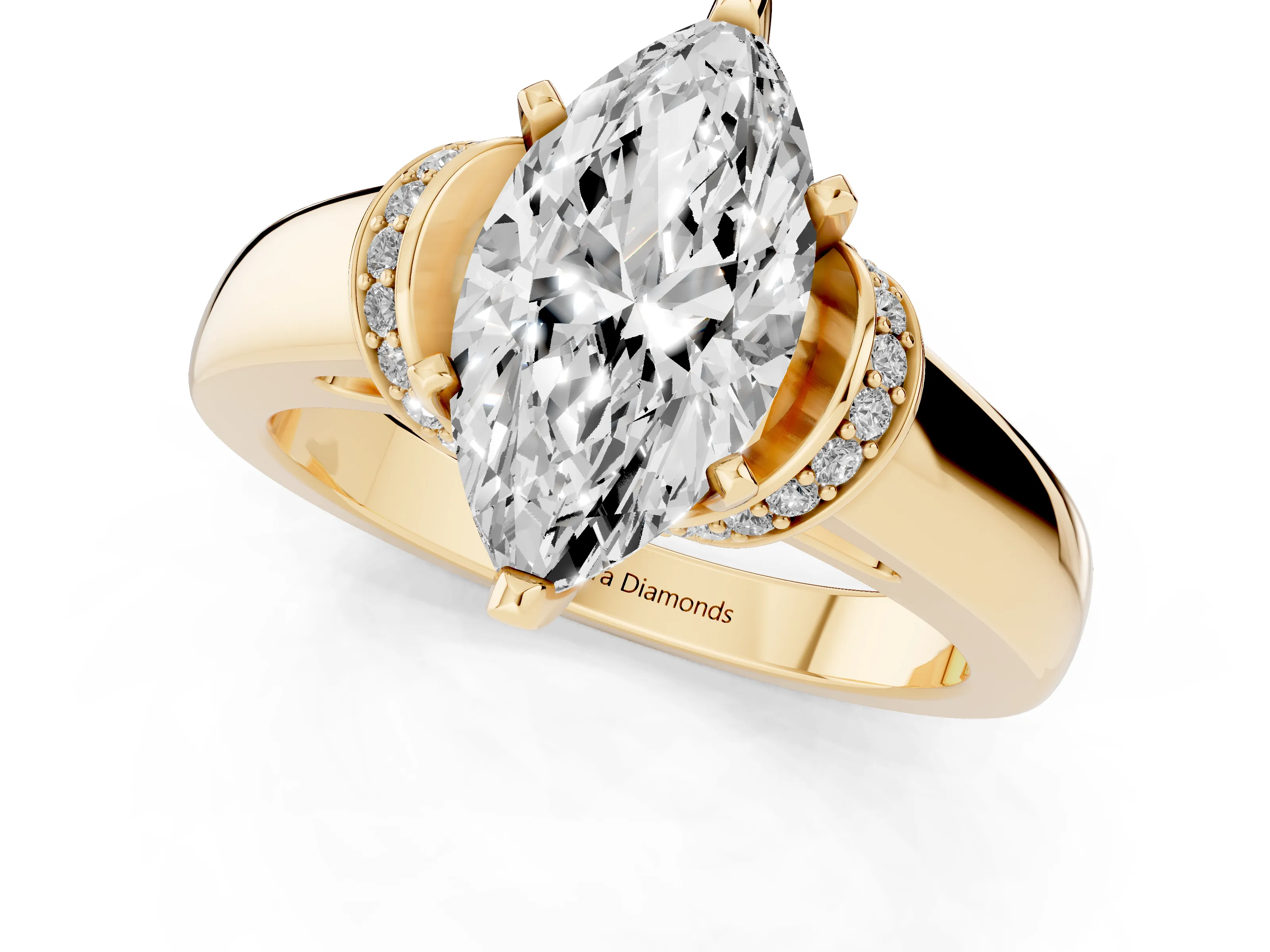 Marquise Cut Diamond Pavé Band Solitaire Ring Set in Yellow gold with Prong Setting