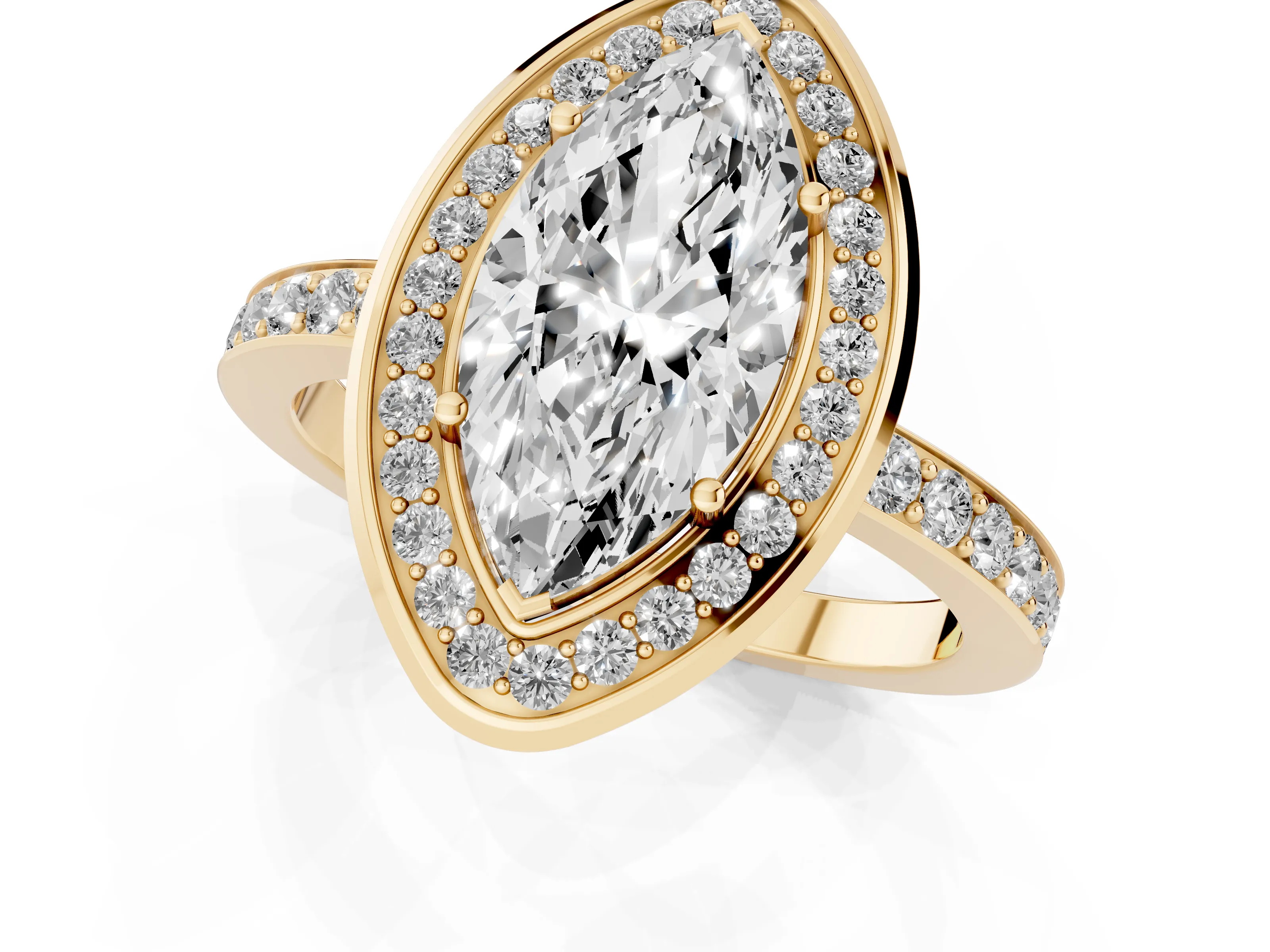 Marquise Cut Diamond Halo Ring Set in Yellow gold with Bezel Frame and Pavé Band