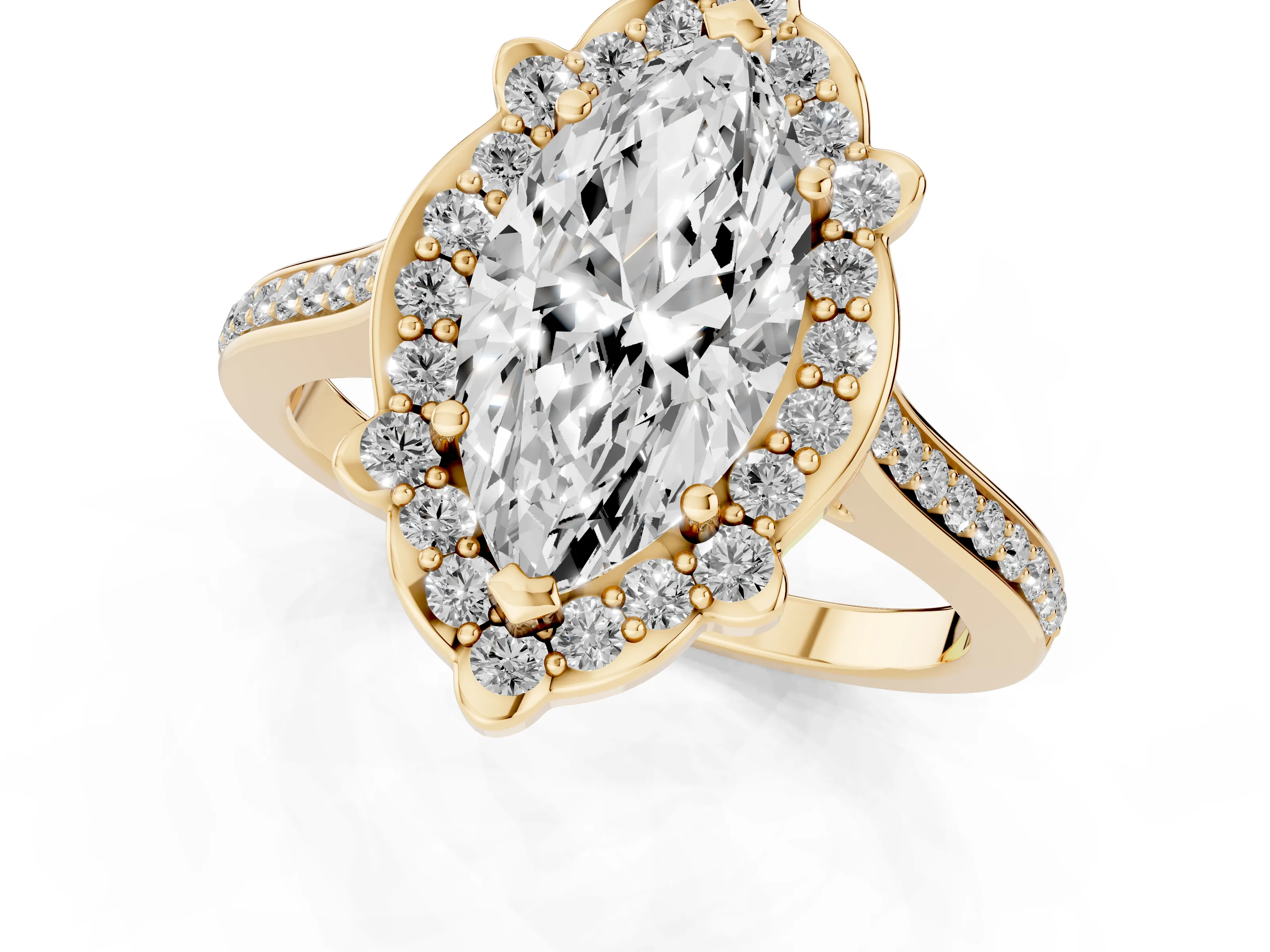 Marquise Cut Diamond Halo Ring Set in Yellow gold with Pavé-Lined Shoulders and Prong Setting