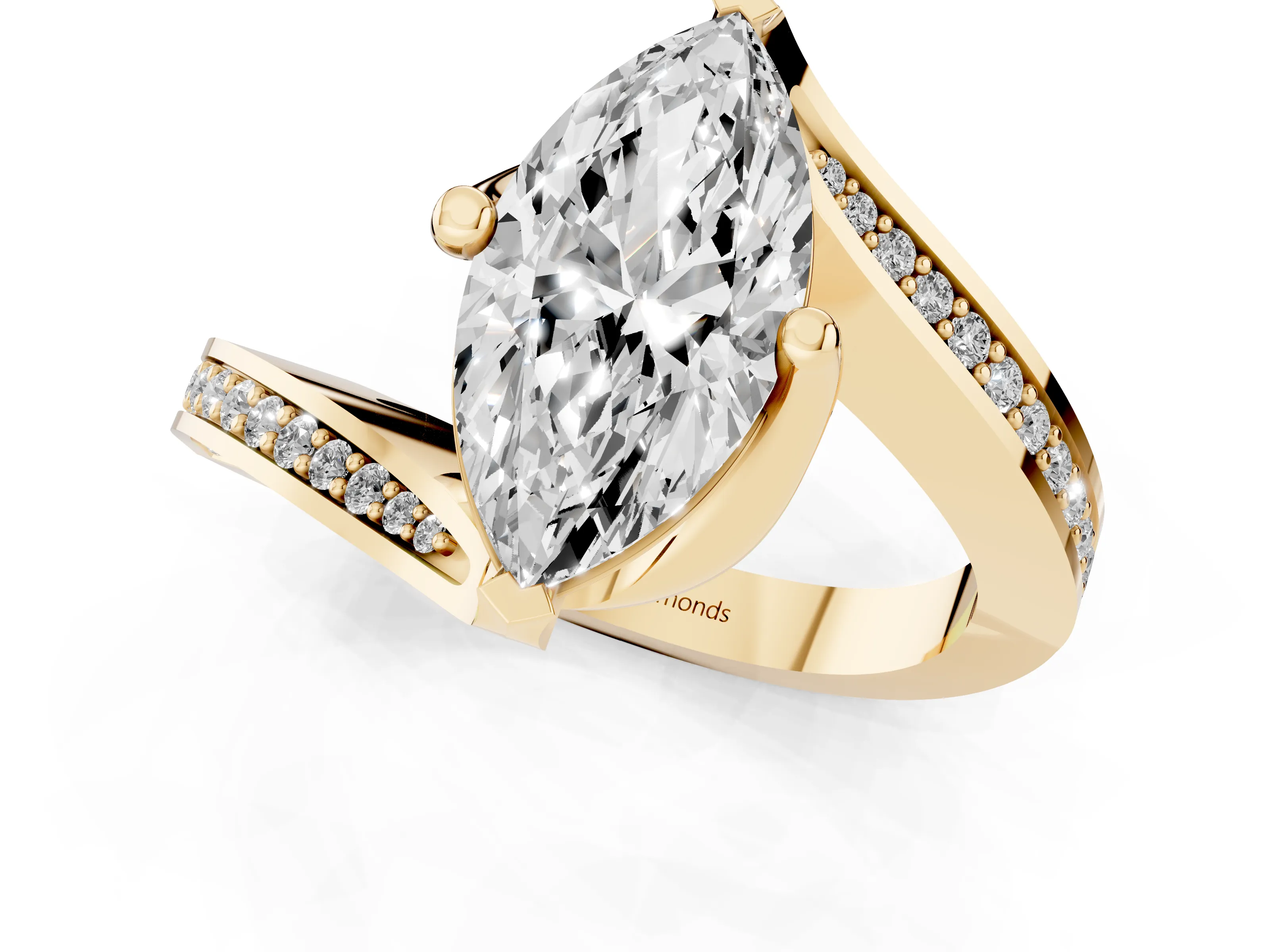Marquise Cut Diamond Solitaire Ring Set in Yellow gold with Intertwined Pavé Twist Band