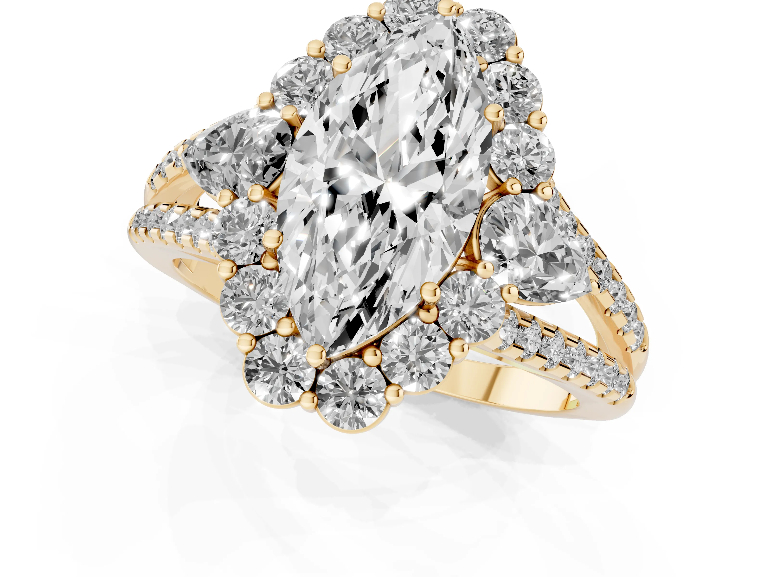 Marquise Cut Diamond Halo Split Shank Engagement Ring Set in Yellow gold with Prong-Held Center Stone
