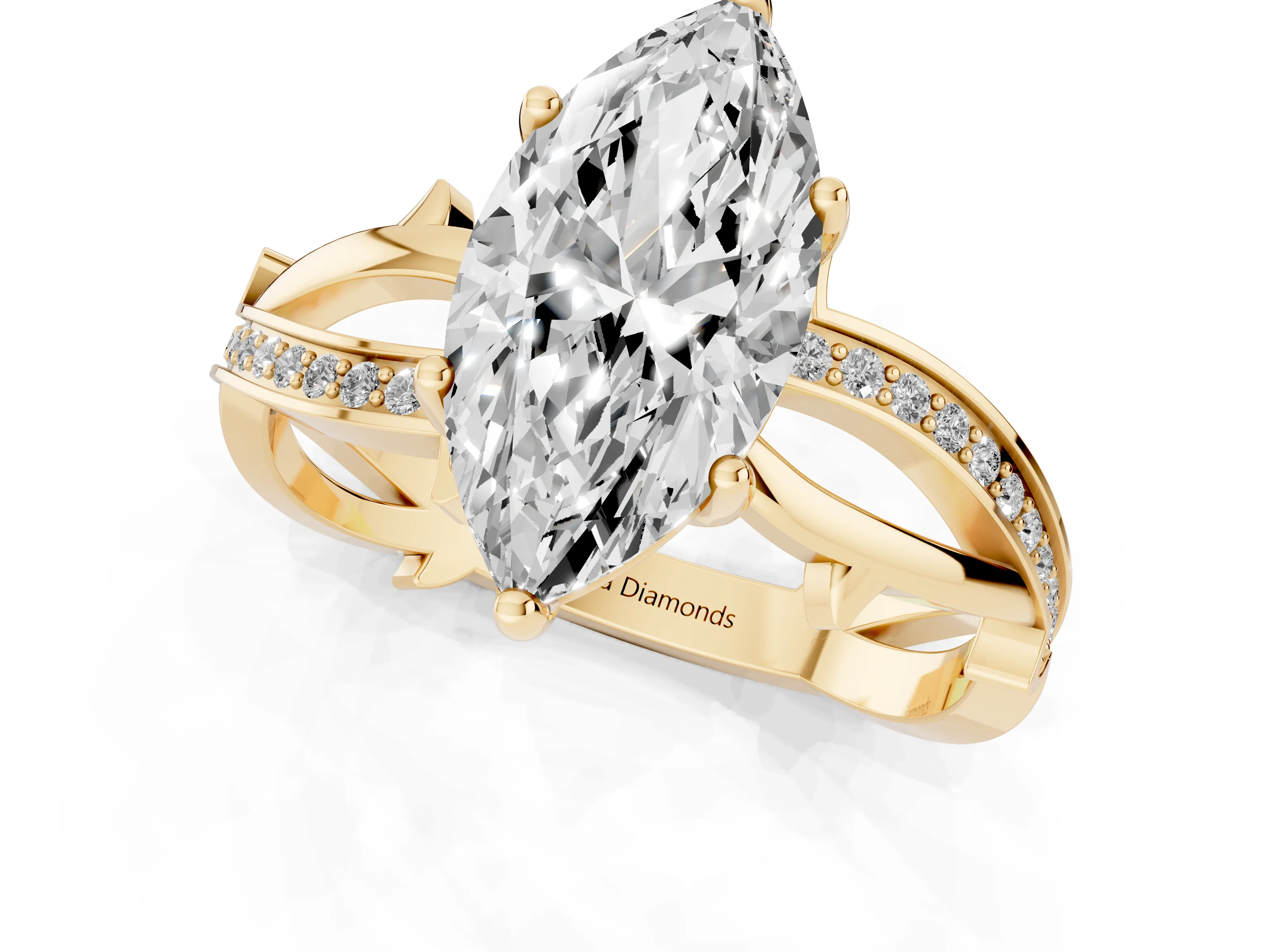 Marquise Cut Diamond Pavé Twist Band Solitaire Ring Set in Yellow gold with Prong Setting – second view