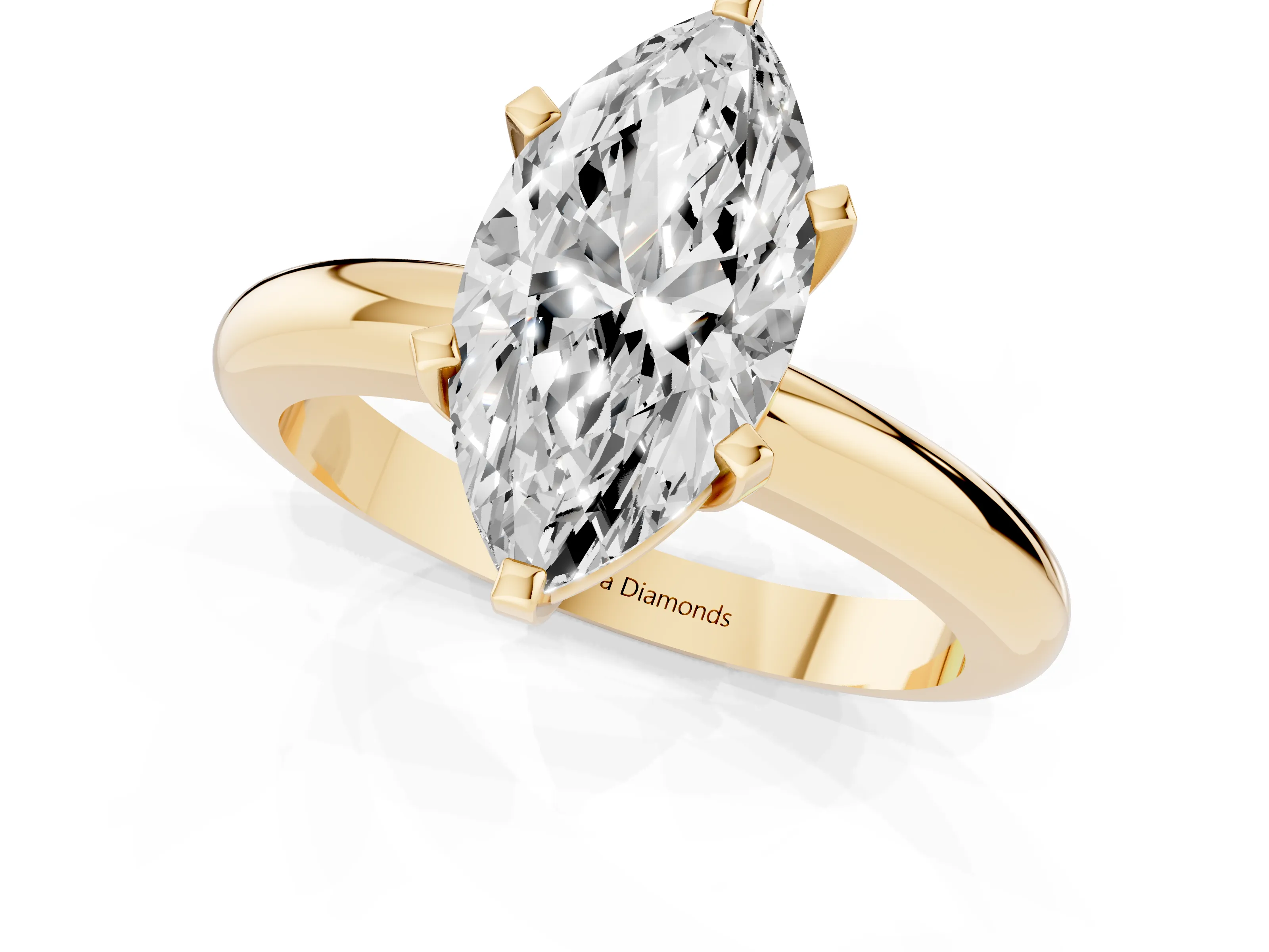 Marquise Cut Diamond Solitaire Engagement Ring Set in Yellow gold with Round Band and Prong Setting
