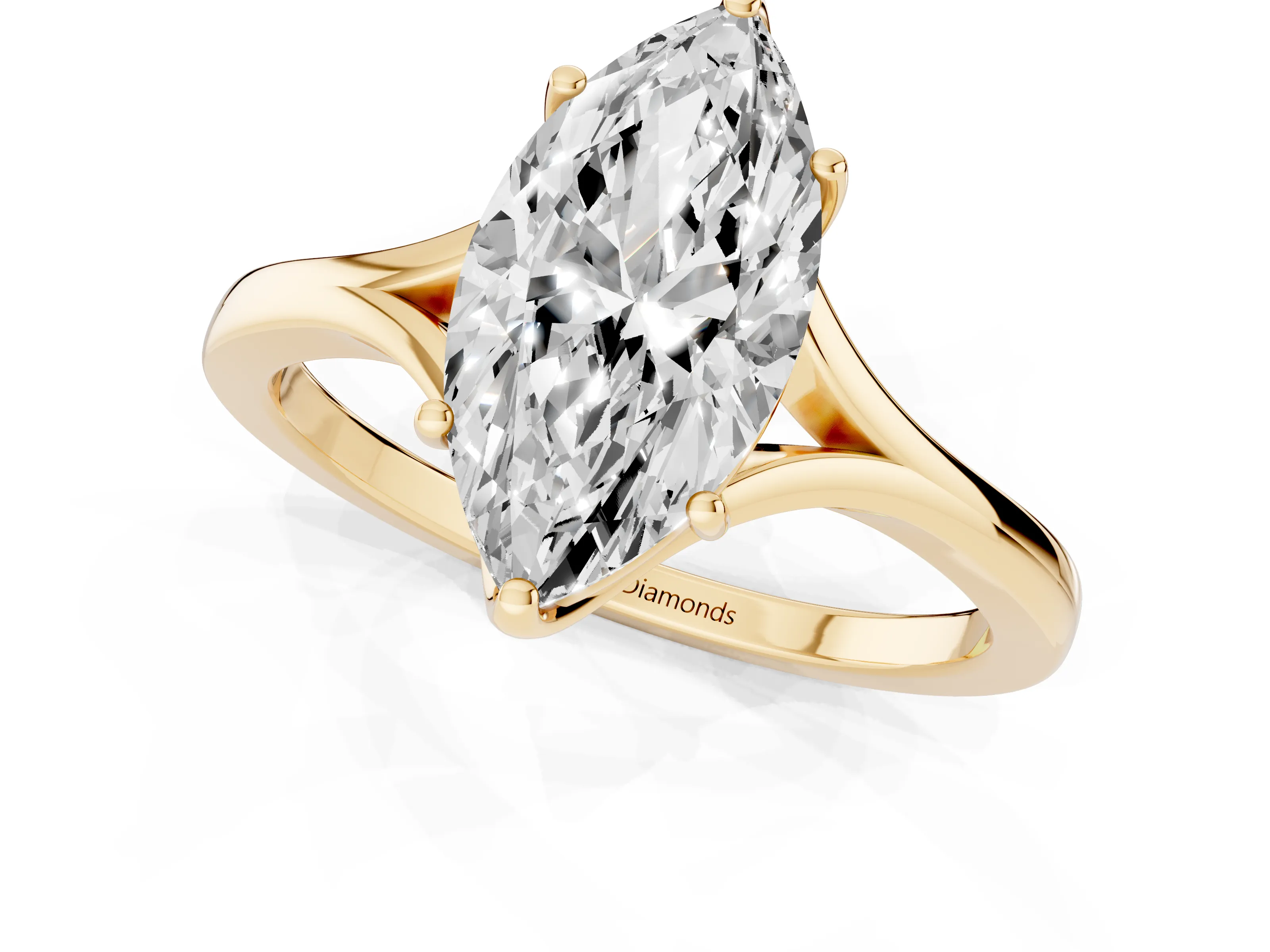 Marquise Cut Diamond Solitaire Ring Set in Yellow gold with Polished Tapered Band and Prong Setting