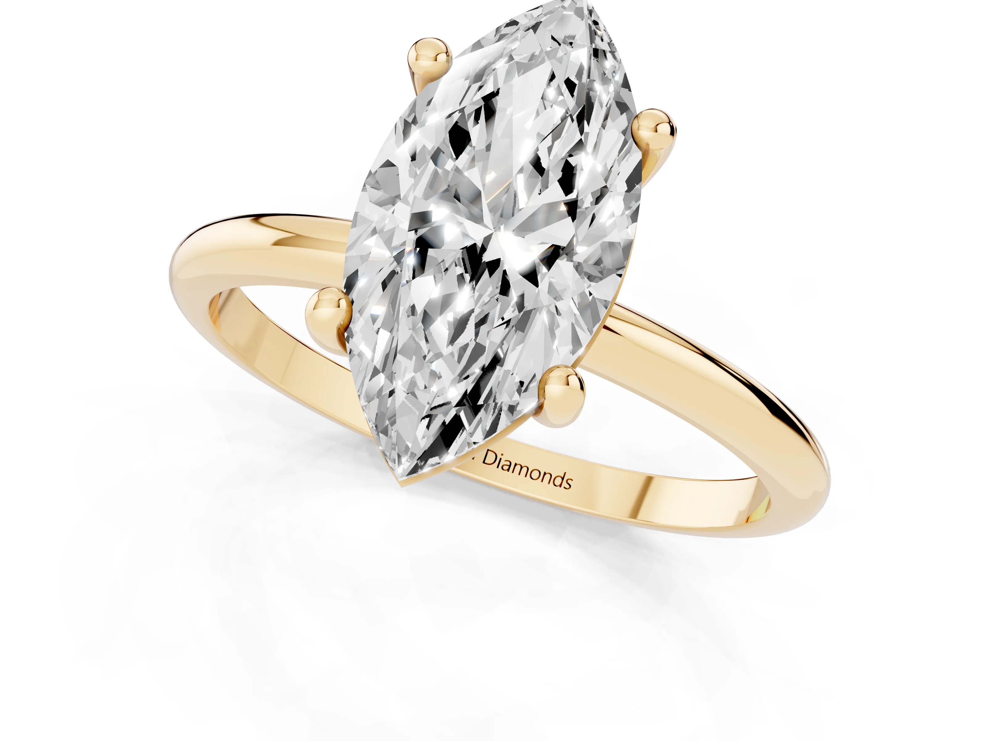 Marquise Cut Diamond Solitaire Ring Set in Yellow gold with Secure Prong Setting on a Classic Band