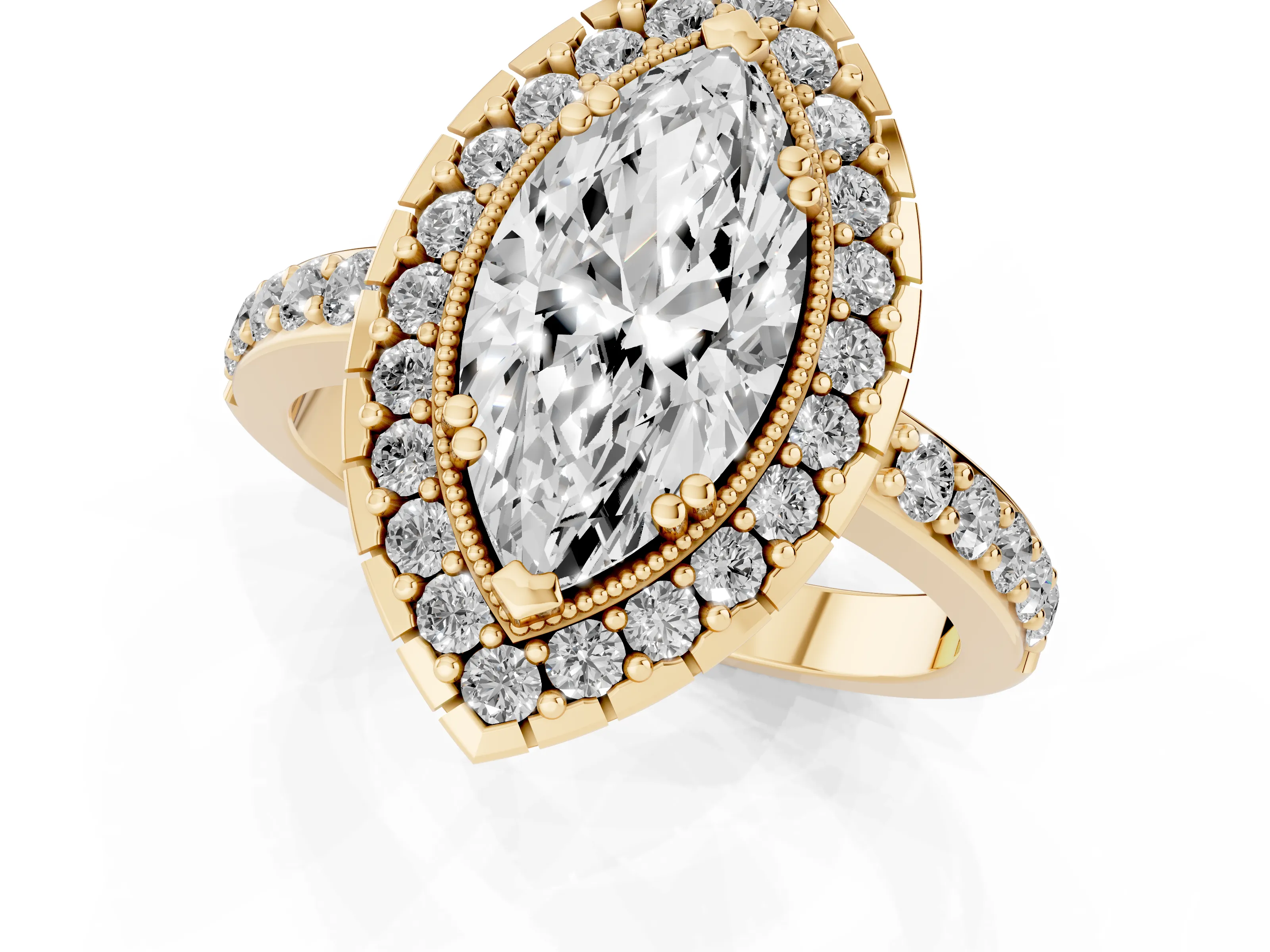 Marquise Cut Diamond Halo Ring Set in Yellow gold with Pavé Shank and Prong Setting
