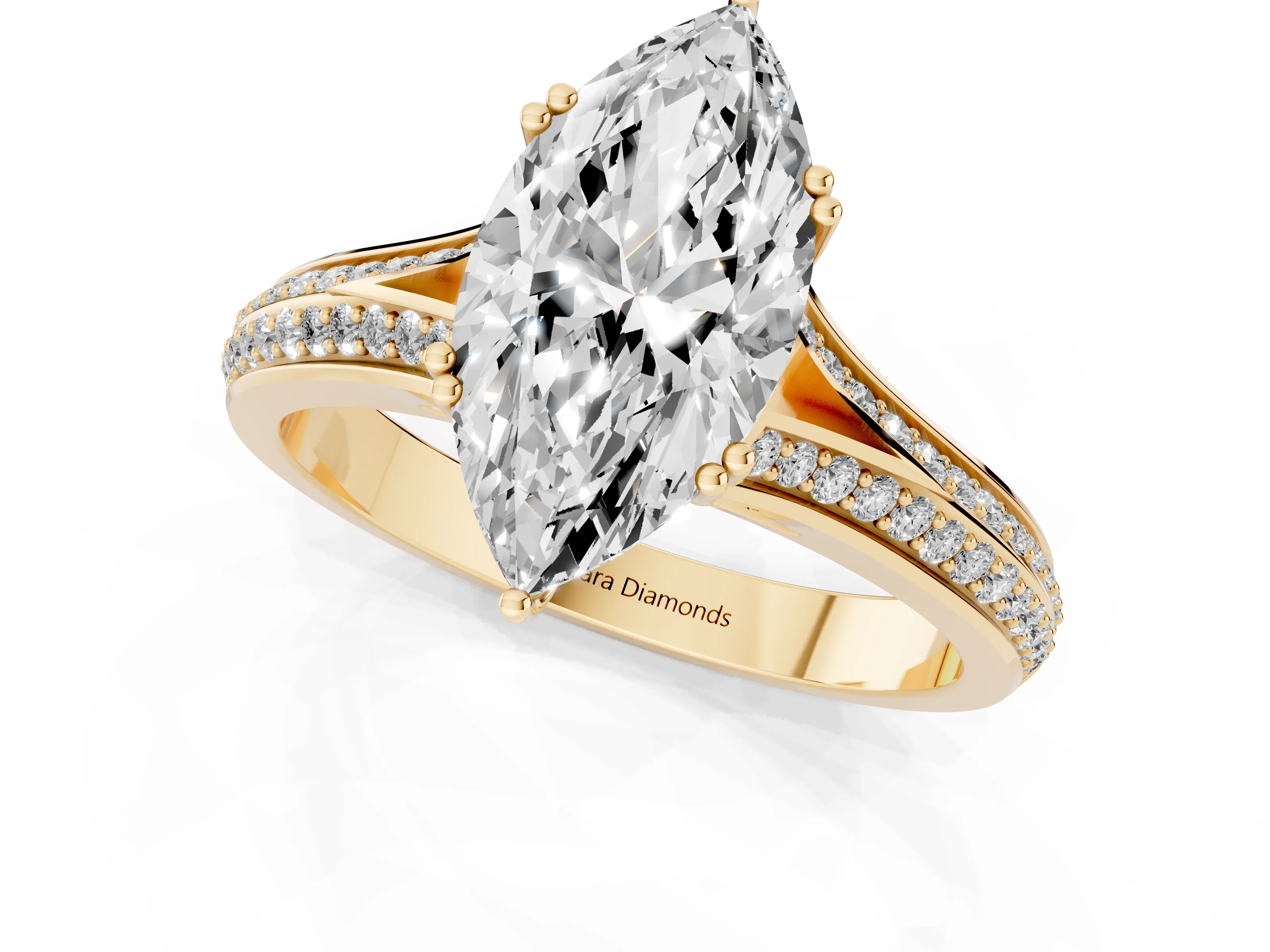 Marquise Cut Diamond Split Shank Pavé Engagement Ring Set in Yellow gold with Prong-Set Center Stone