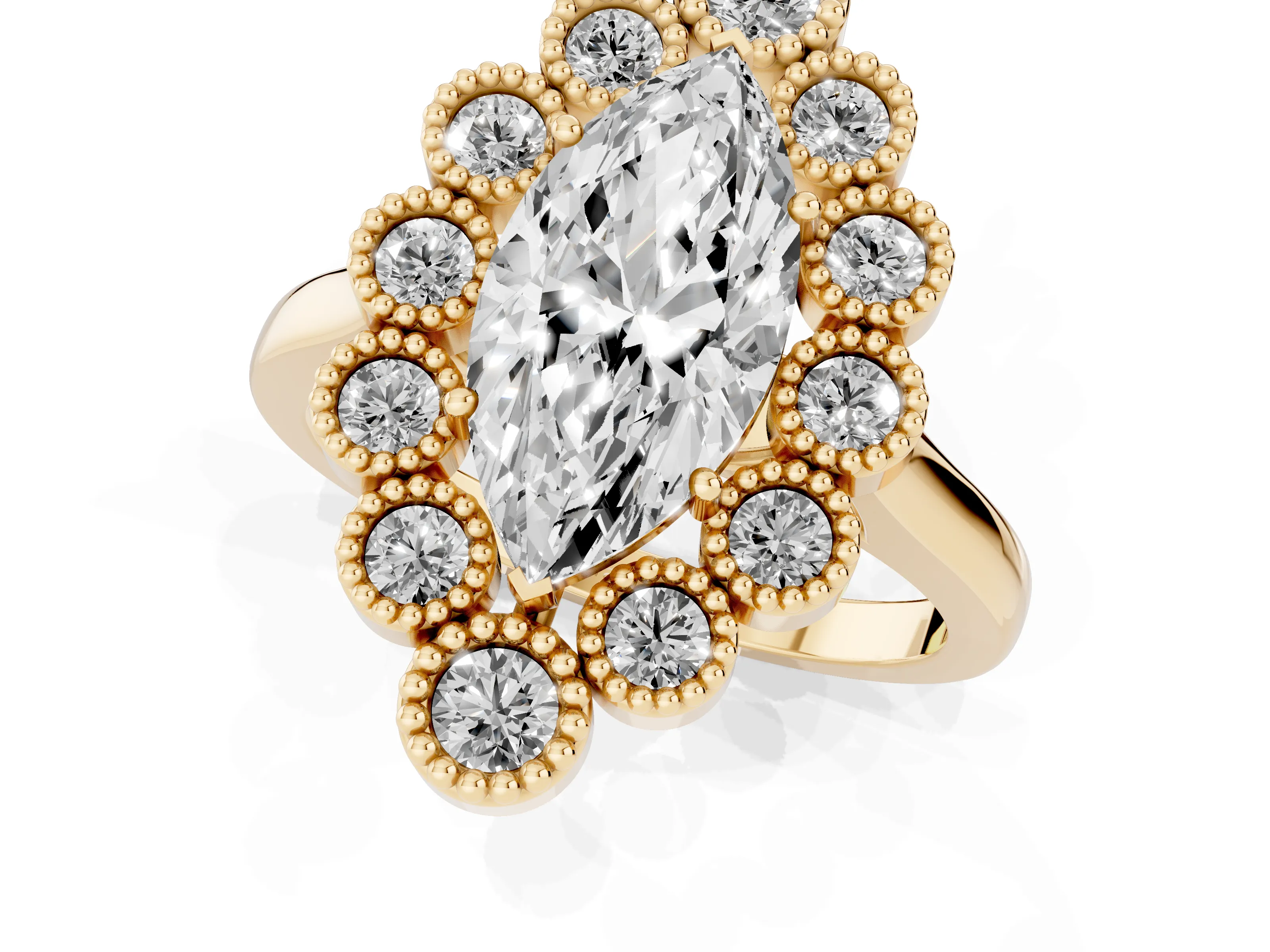 Marquise Cut Diamond Cluster Halo Ring Set in Yellow gold with Milgrain Bezel Accents and Plain Band