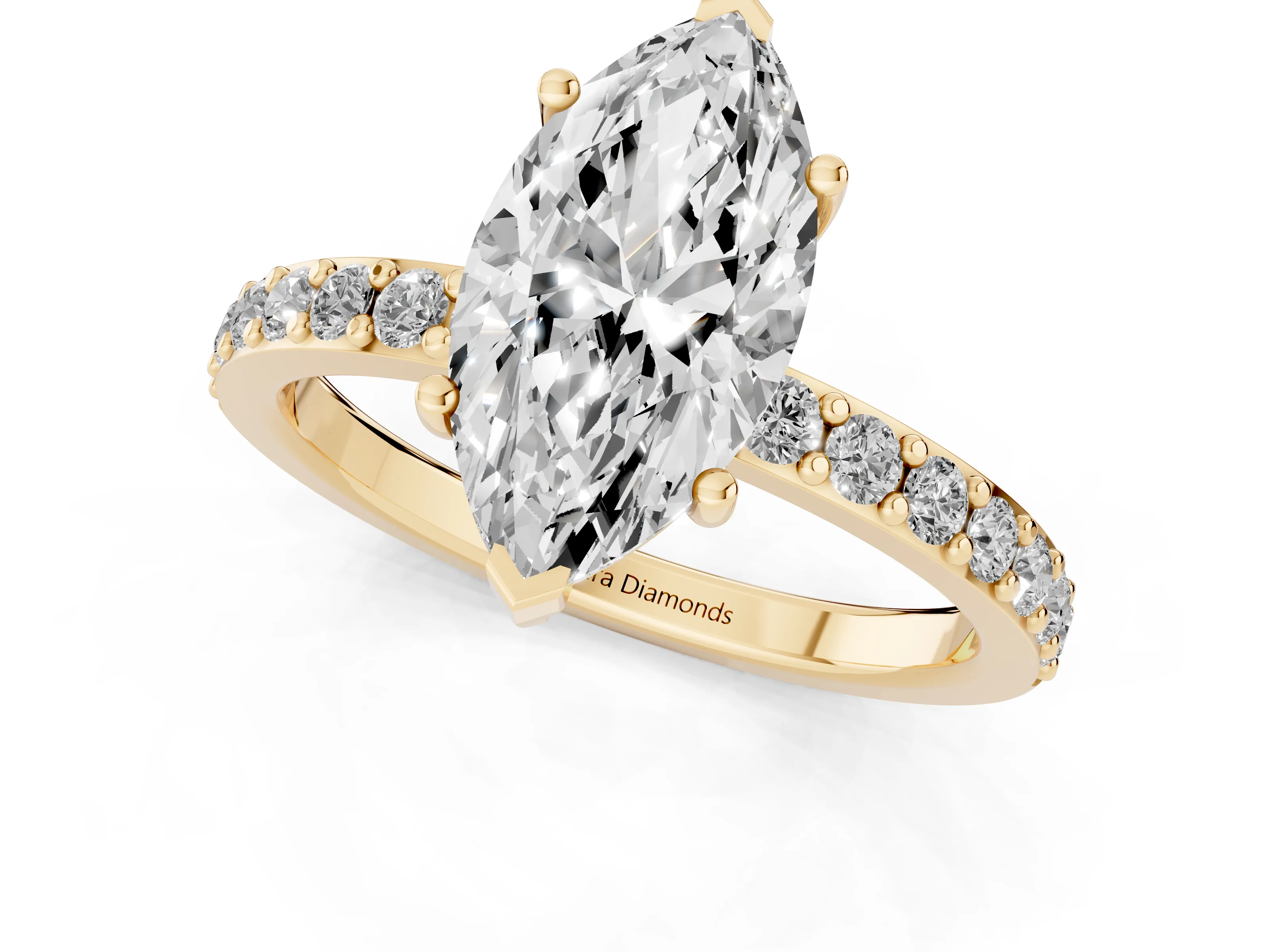 Marquise Cut Diamond Solitaire Set in Yellow gold with Round Pavé Band and Prong Setting – second view