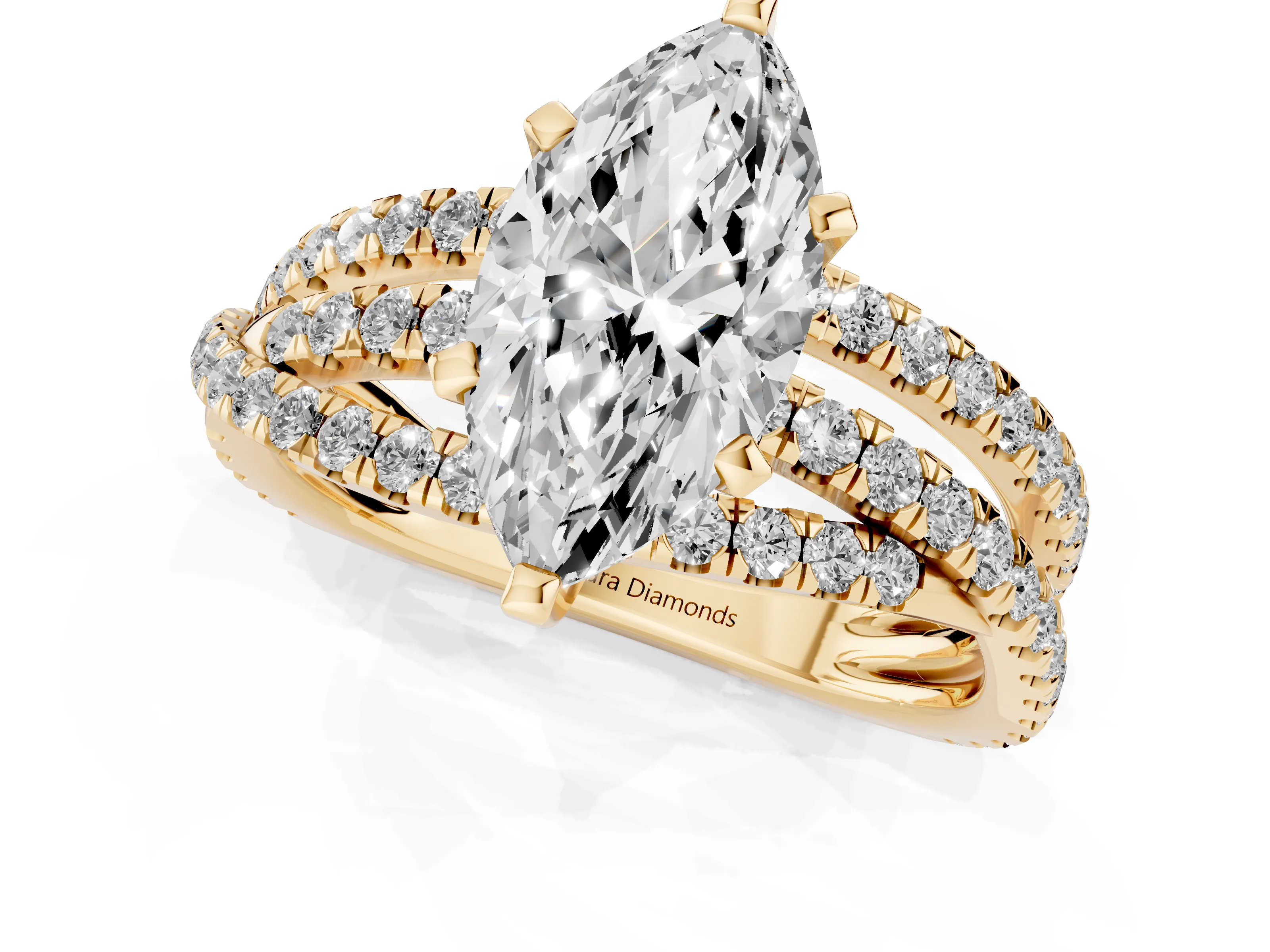 Marquise Cut Diamond Solitaire Twist Band Ring Set in Yellow gold with Pavé Setting and Prong Head – second view