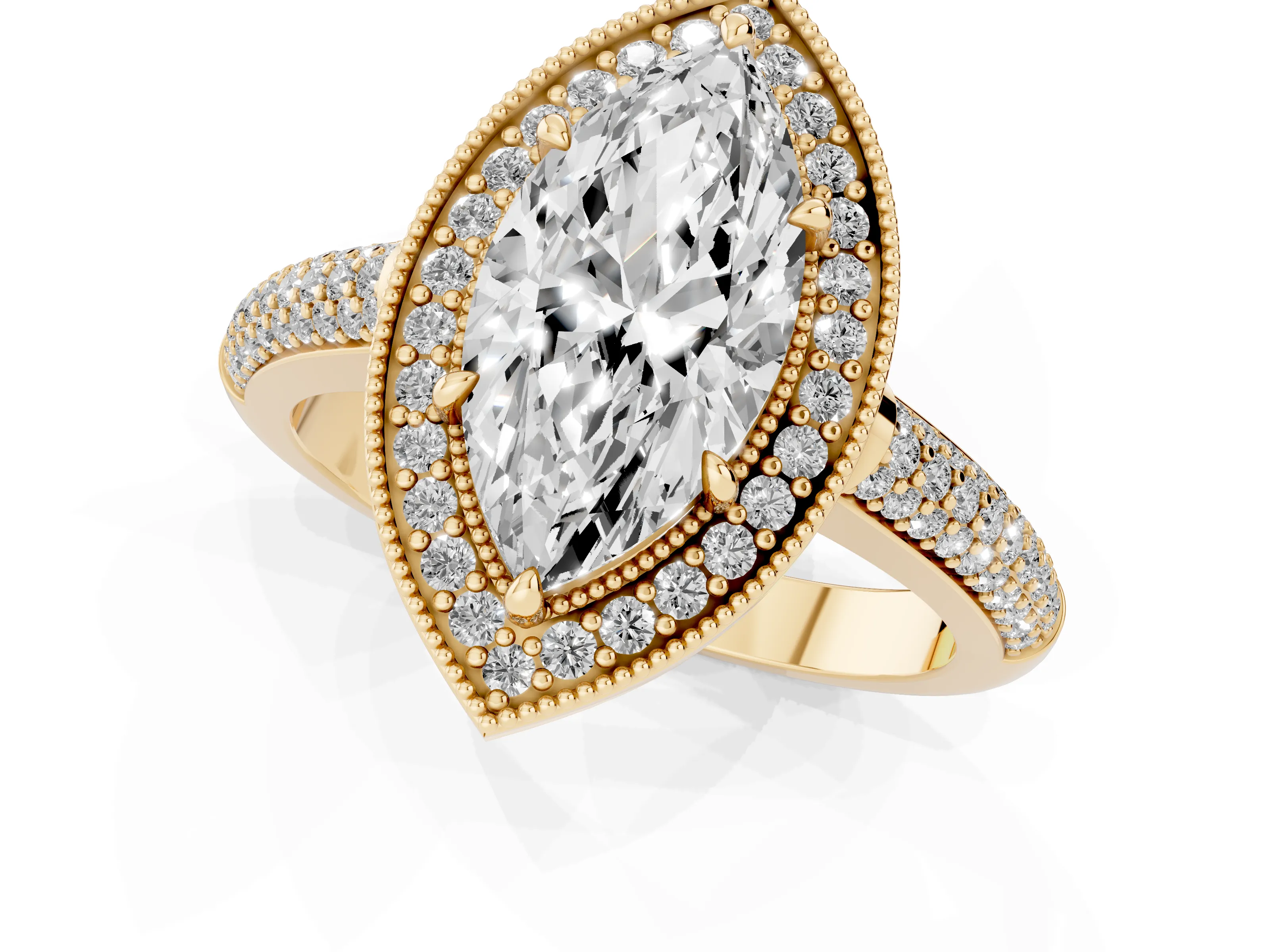Marquise Cut Diamond Halo Pavé Band Set in Yellow gold with Prong Setting