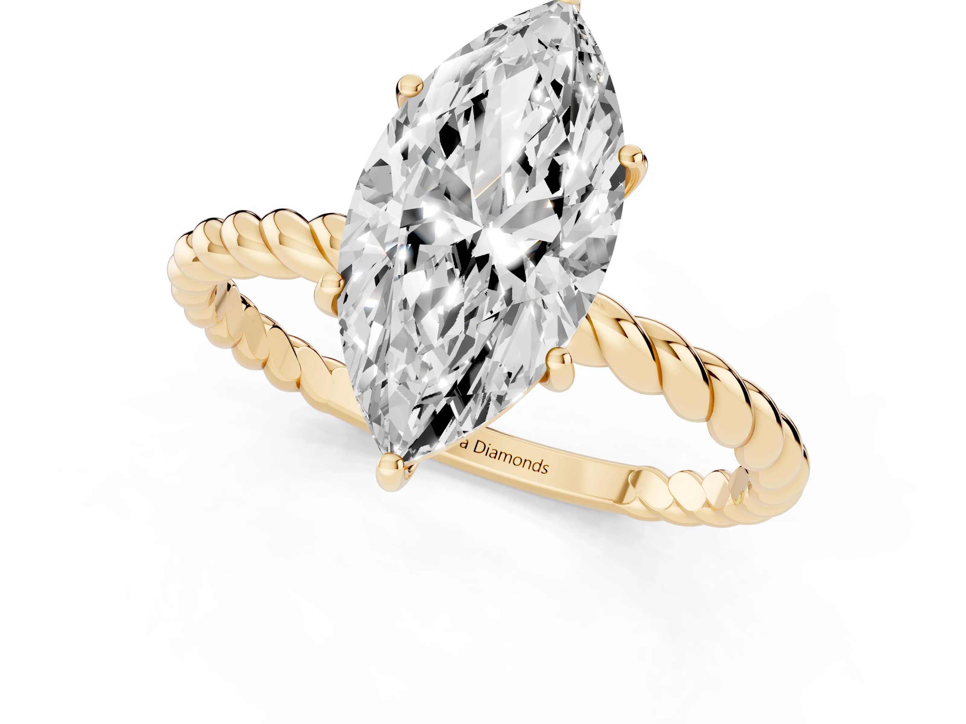 Marquise Cut Diamond Solitaire Ring Set in Yellow gold with Twist Band and Prong Setting
