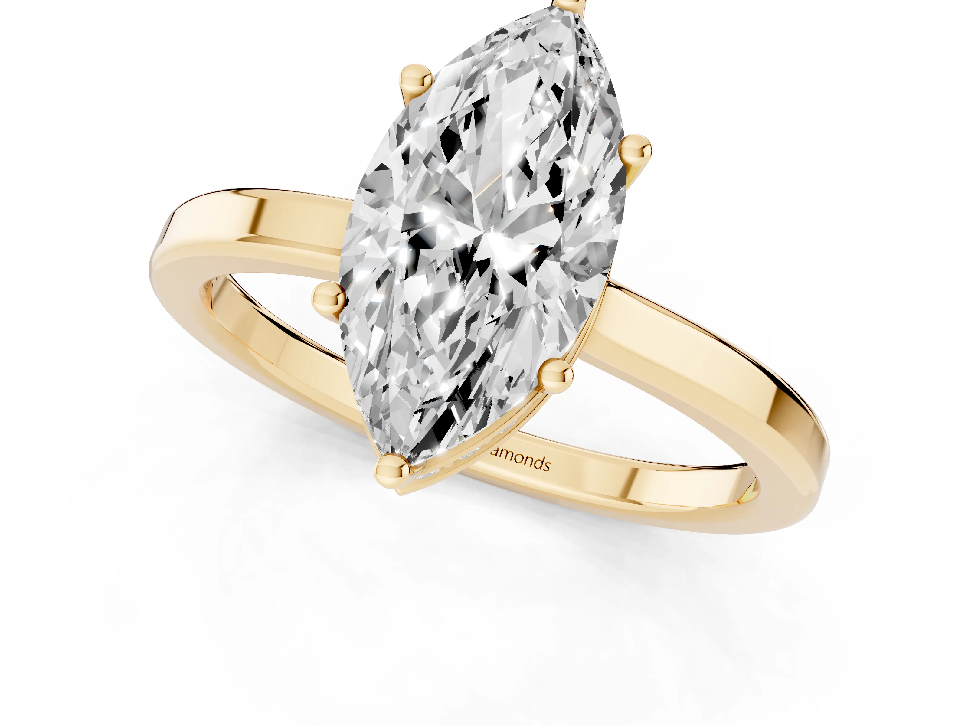Marquise Cut Diamond Solitaire Engagement Ring Set in Yellow gold with Prong Setting on a Plain Band