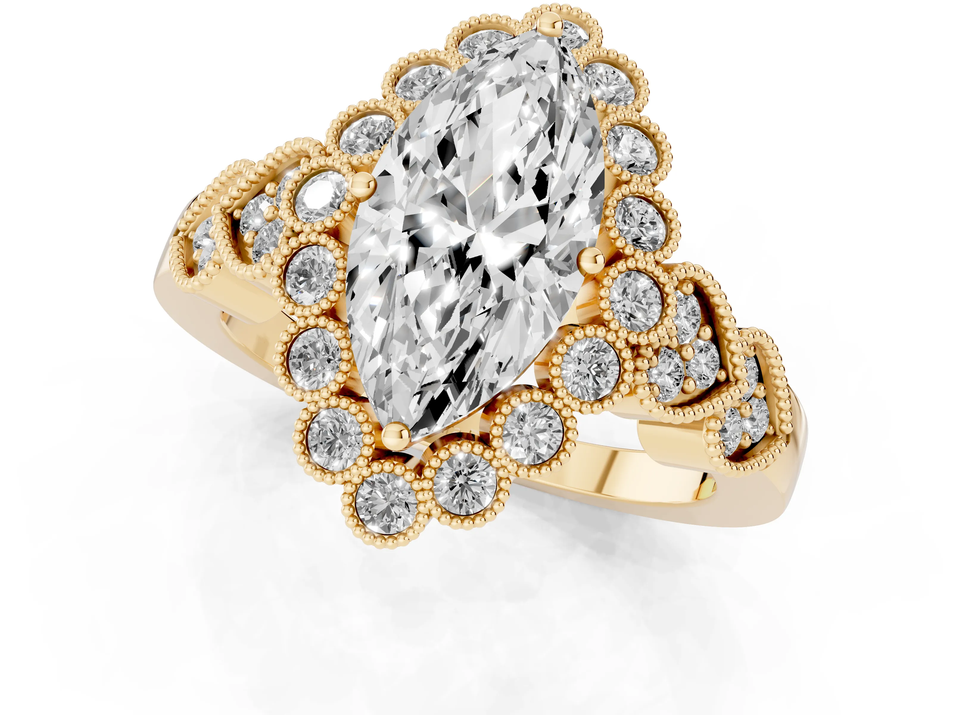 Marquise Cut Diamond Solitaire Ring Set in Yellow gold with Milgrain Pavé Heart Band – second view