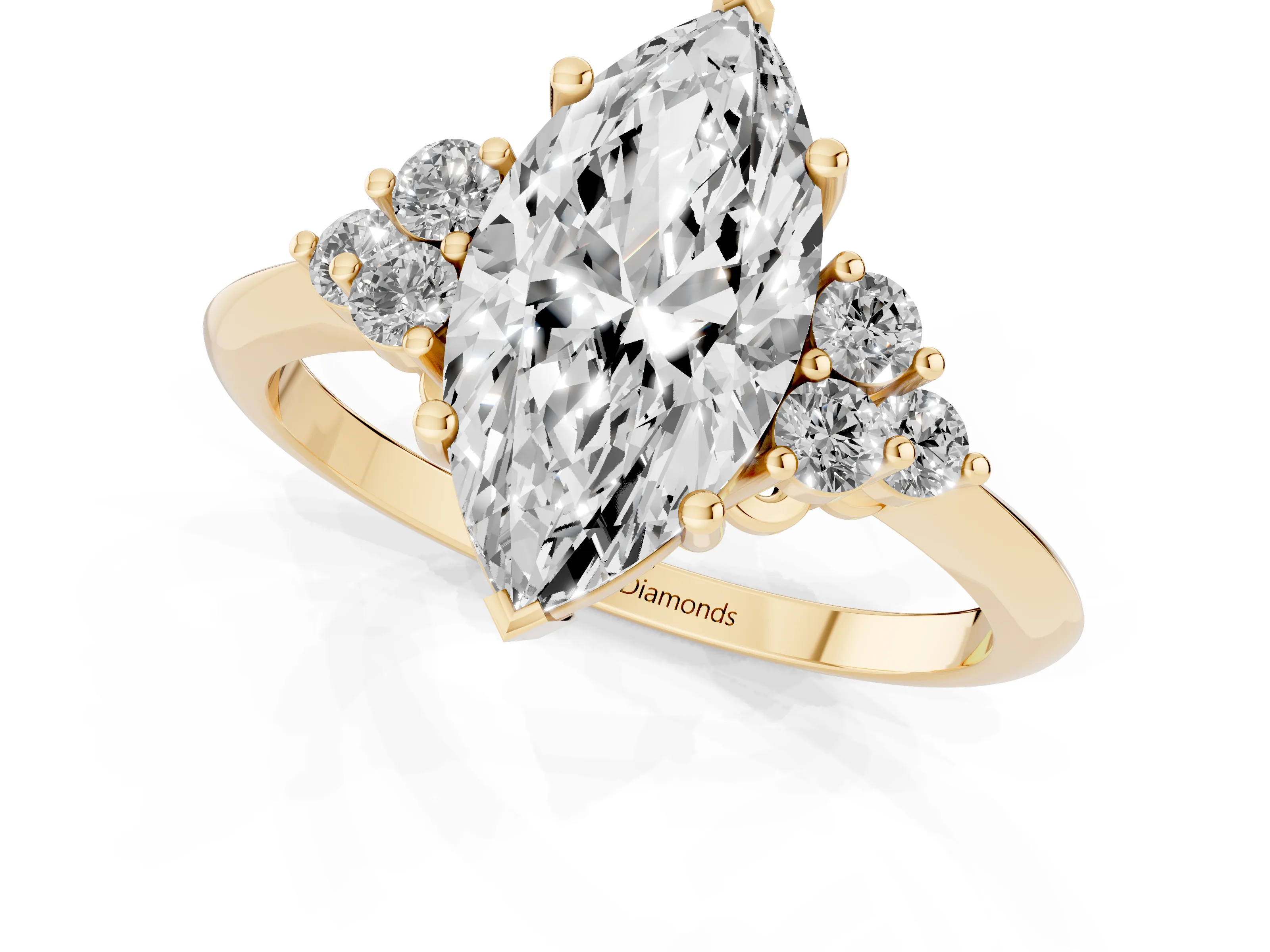 Marquise Cut Diamond Cluster Ring Set in Yellow gold with Plain Band and Prong Setting