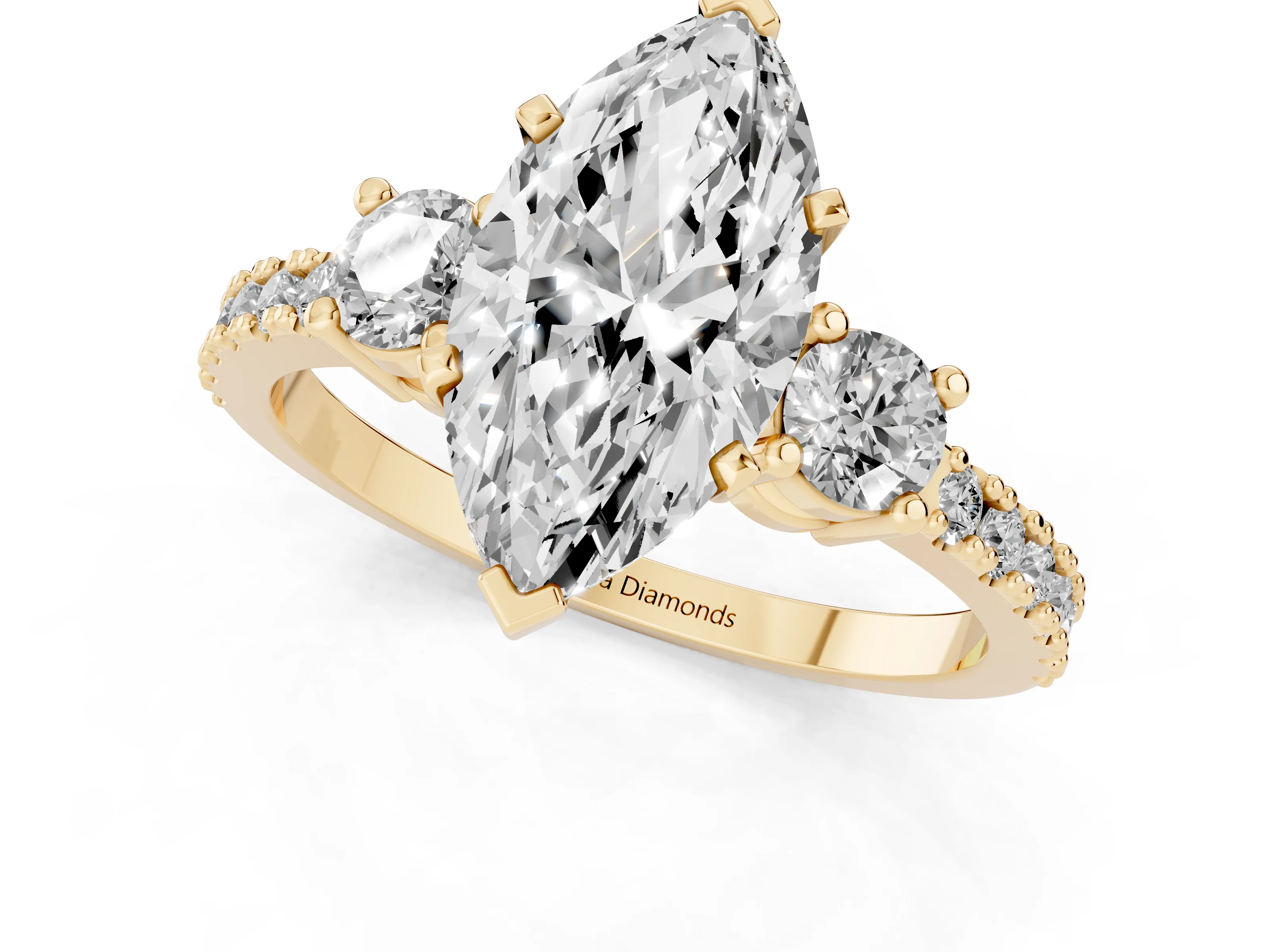 Three-Stone Marquise Cut Diamond Pavé Band Ring Set in Yellow gold with Prong Setting