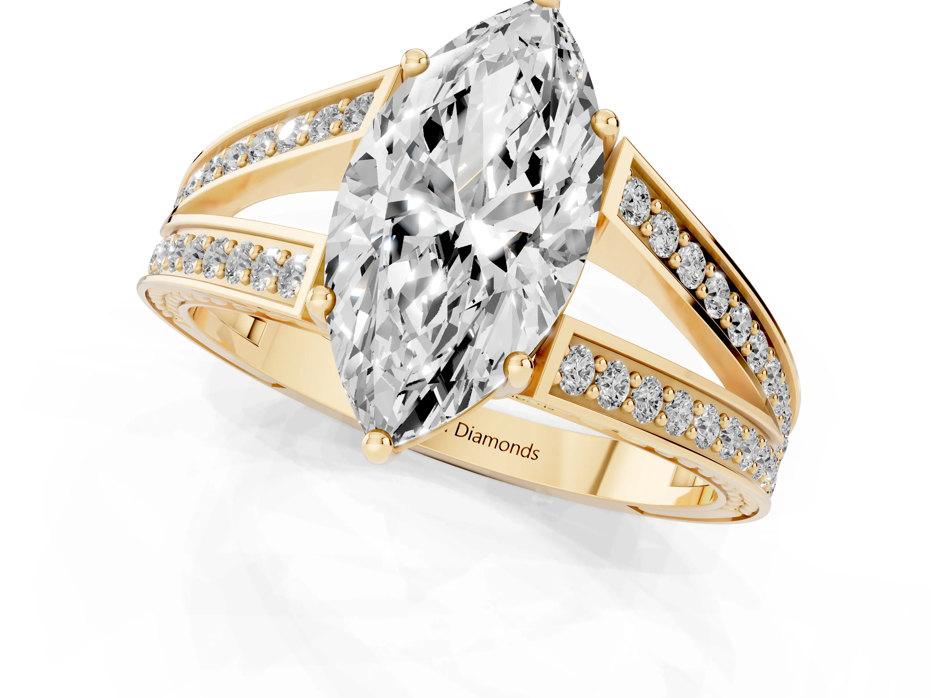 Marquise Cut Diamond Split Shank Ring Set in Yellow gold with Pavé Band and Prong Setting