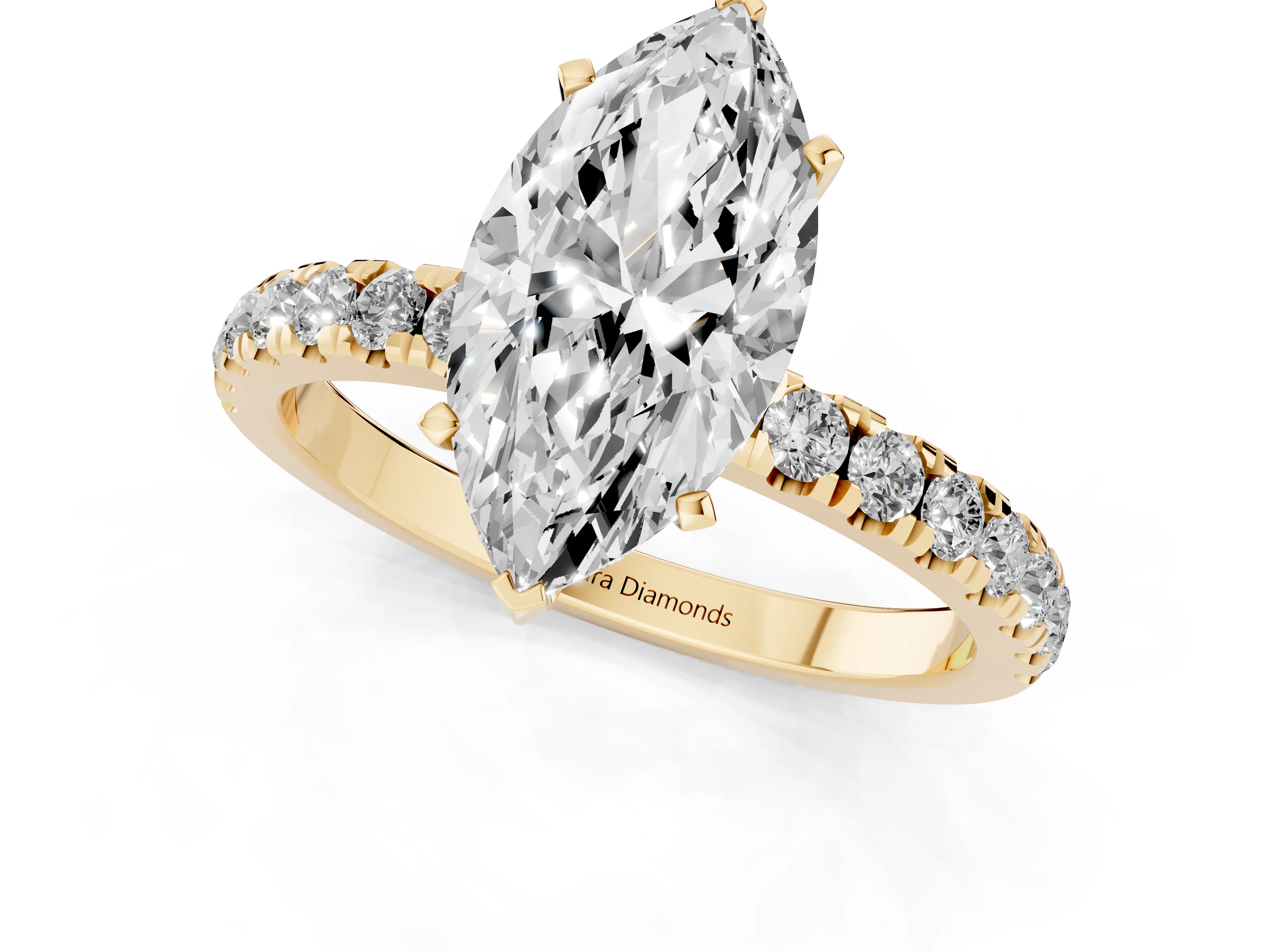 Marquise Cut Diamond Solitaire Ring Set in Yellow gold with Pavé Accents and Prong Setting