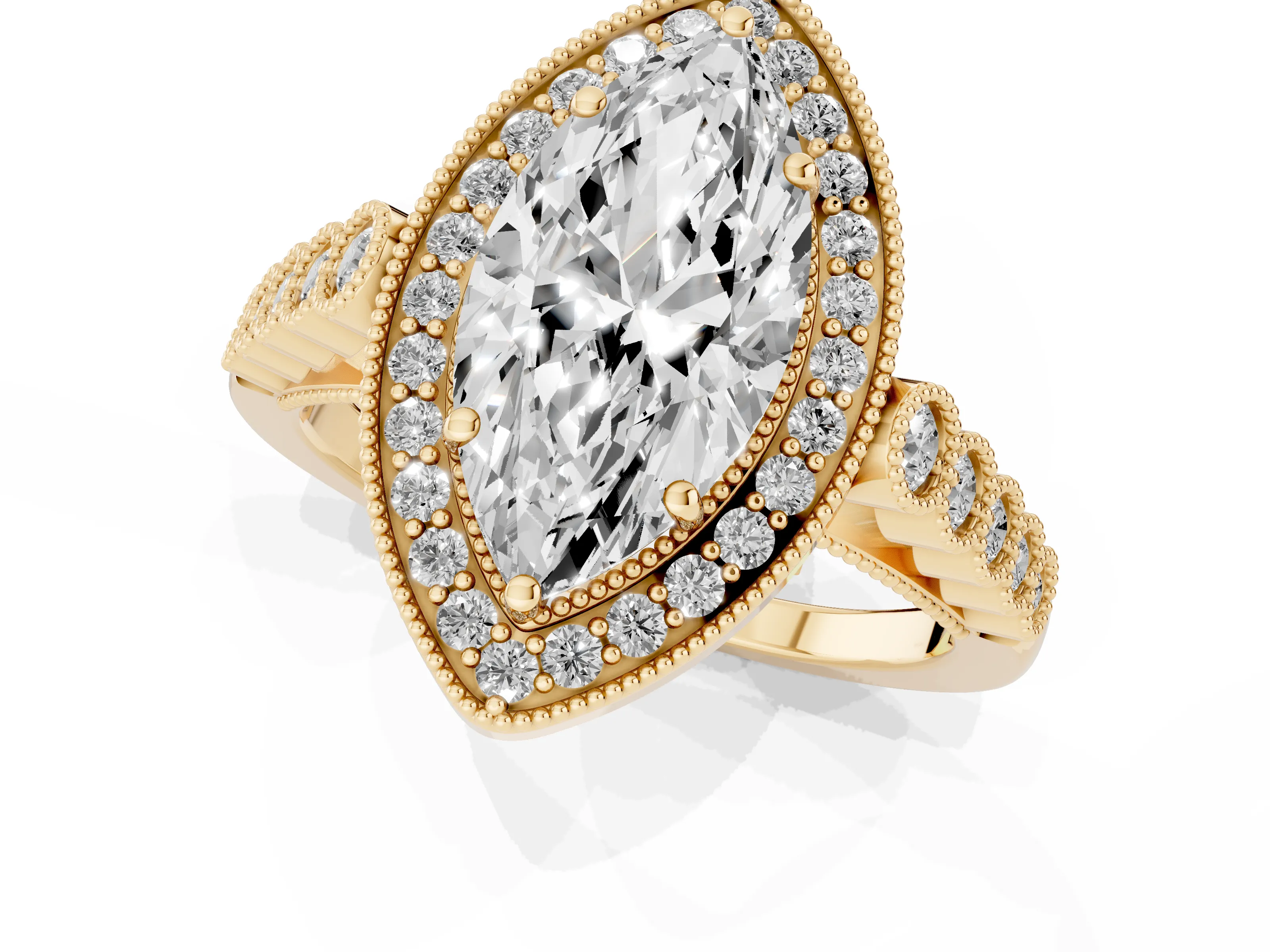Marquise Cut Diamond Milgrain Halo Solitaire Ring Set in Yellow gold with Bezel Set Side Stones and Pavé Band