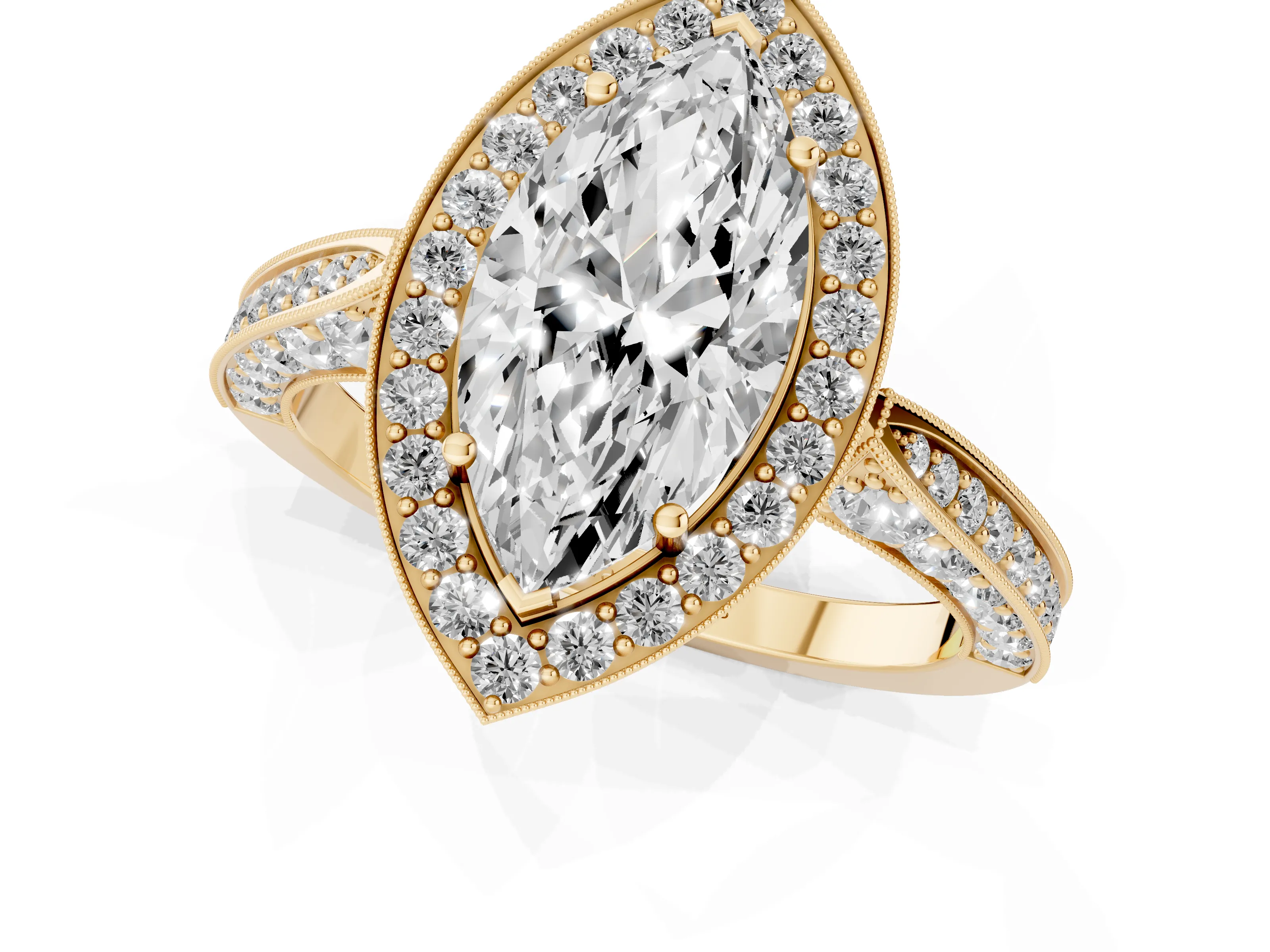 Marquise Cut Diamond Halo Engagement Ring Set in Yellow gold with Accent Split Shank Band