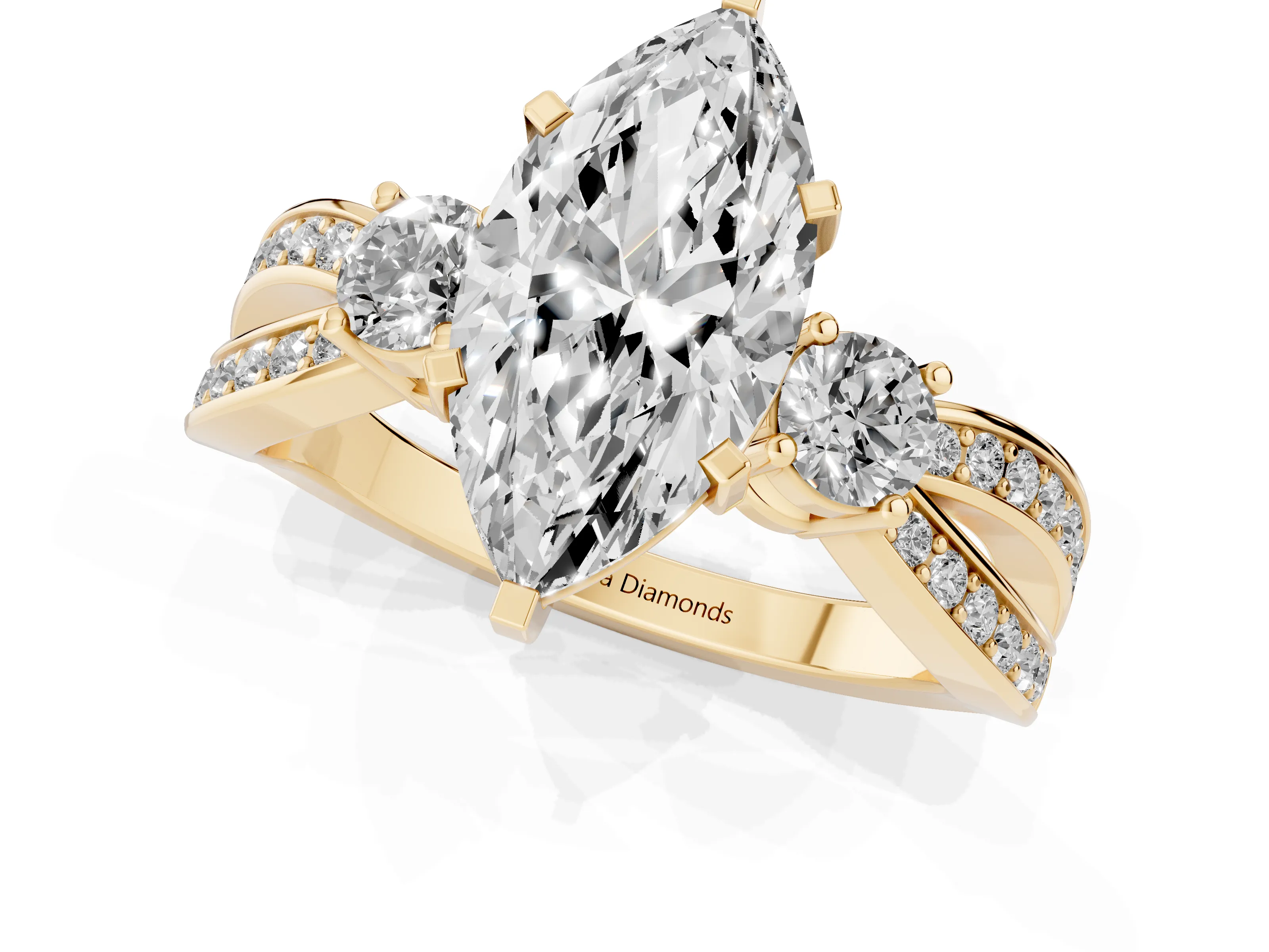 Three-Stone Marquise Cut Diamond Twist Band Ring Set in Yellow gold with Pavé Accents and Prong Setting