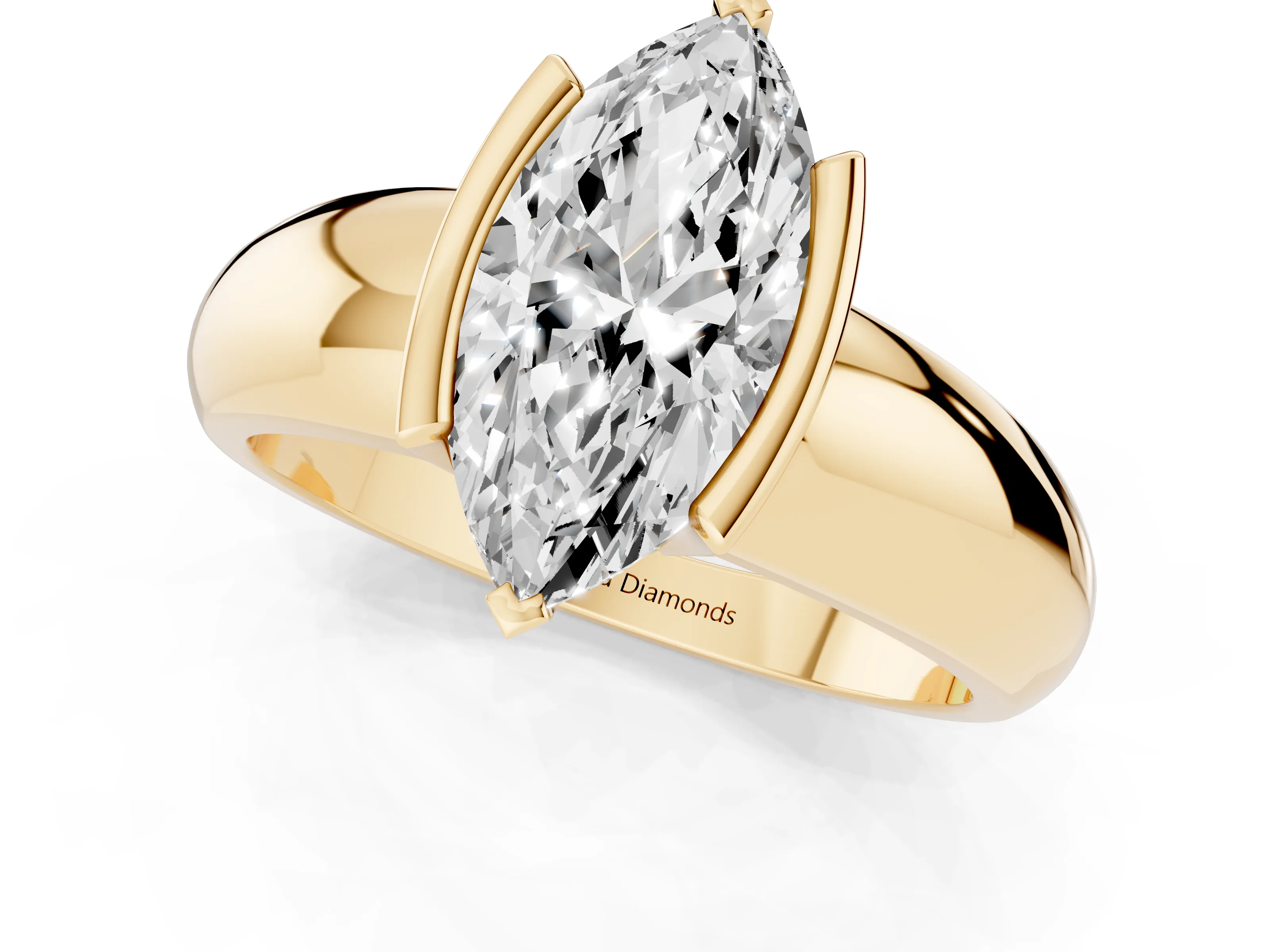 Marquise Cut Diamond Solitaire Tension Set Ring Set in Yellow gold with Wide Band