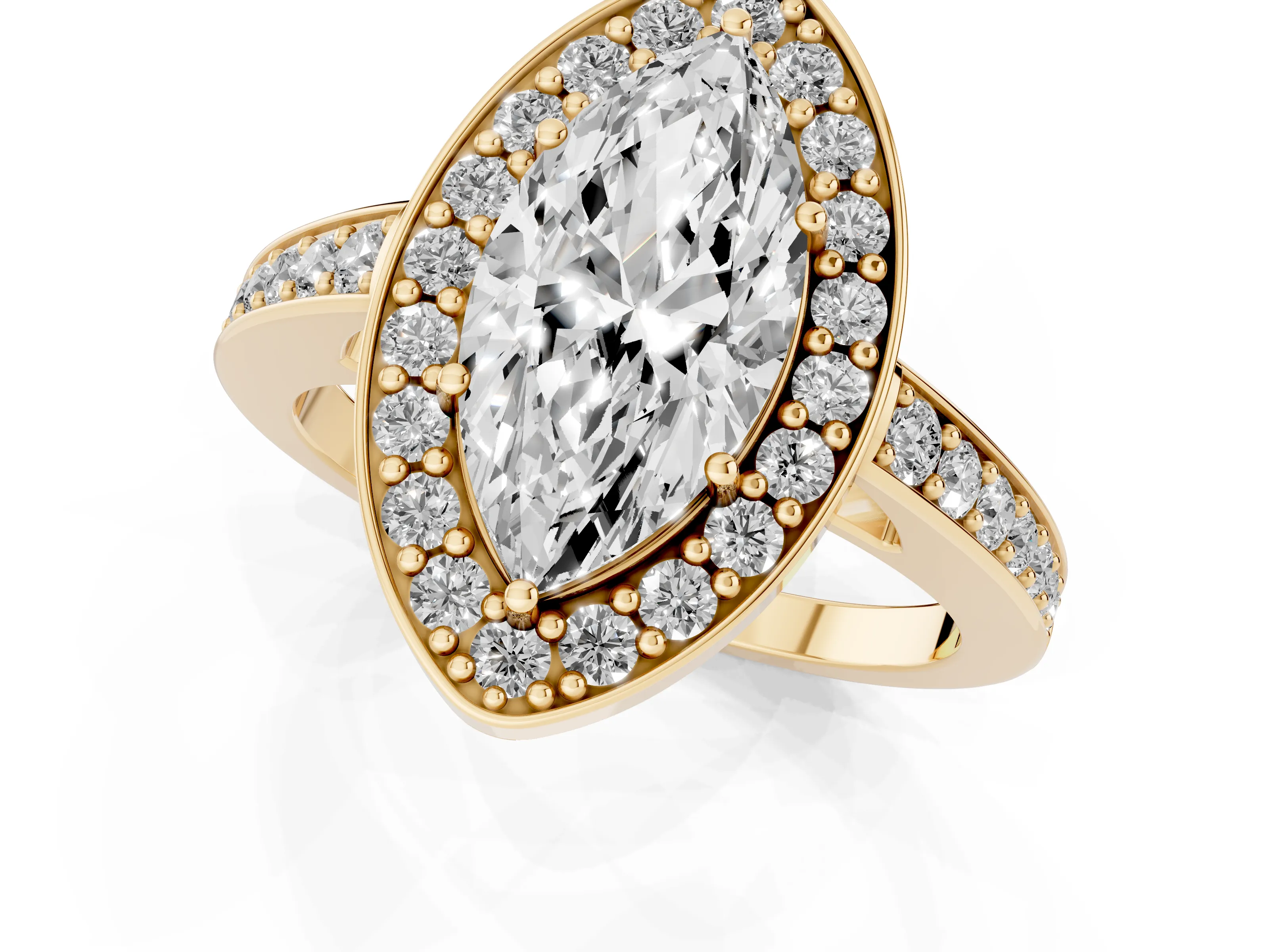 Marquise Cut Diamond Halo Pavé Engagement Ring Set in Yellow gold with Bezel Setting