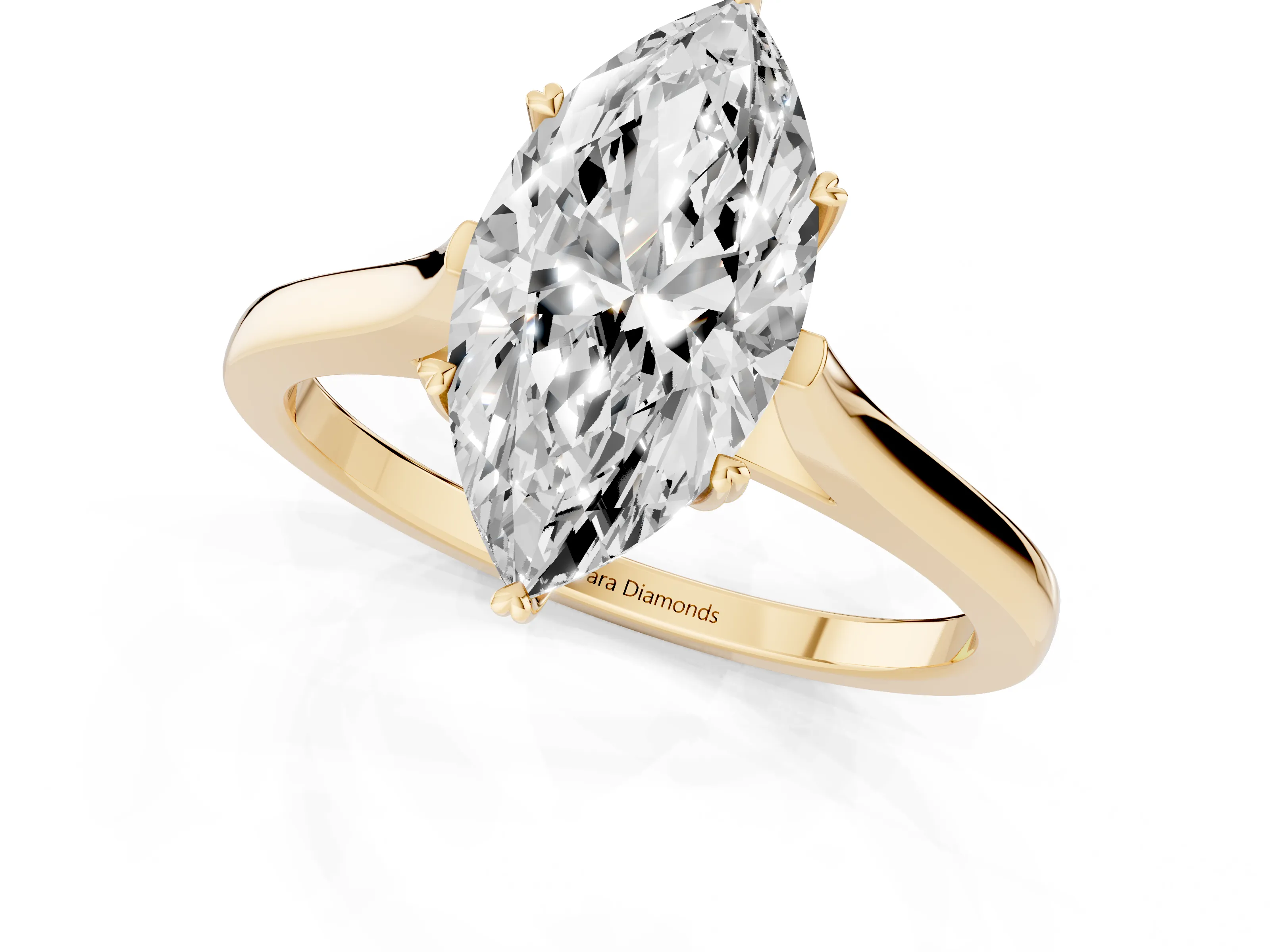 Marquise Cut Diamond Solitaire Heart Prong Engagement Ring Set in Yellow gold with Tapered Band