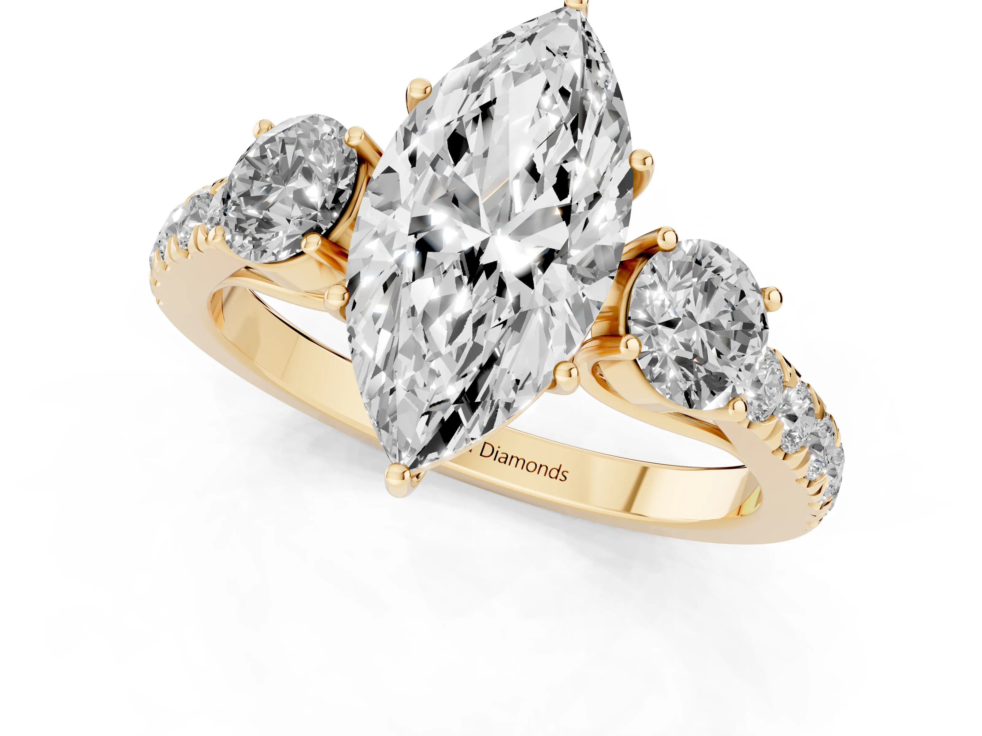 Marquise Cut Diamond Three-Stone Ring Set in Yellow gold with Round Side Stones and Delicate Pavé Band