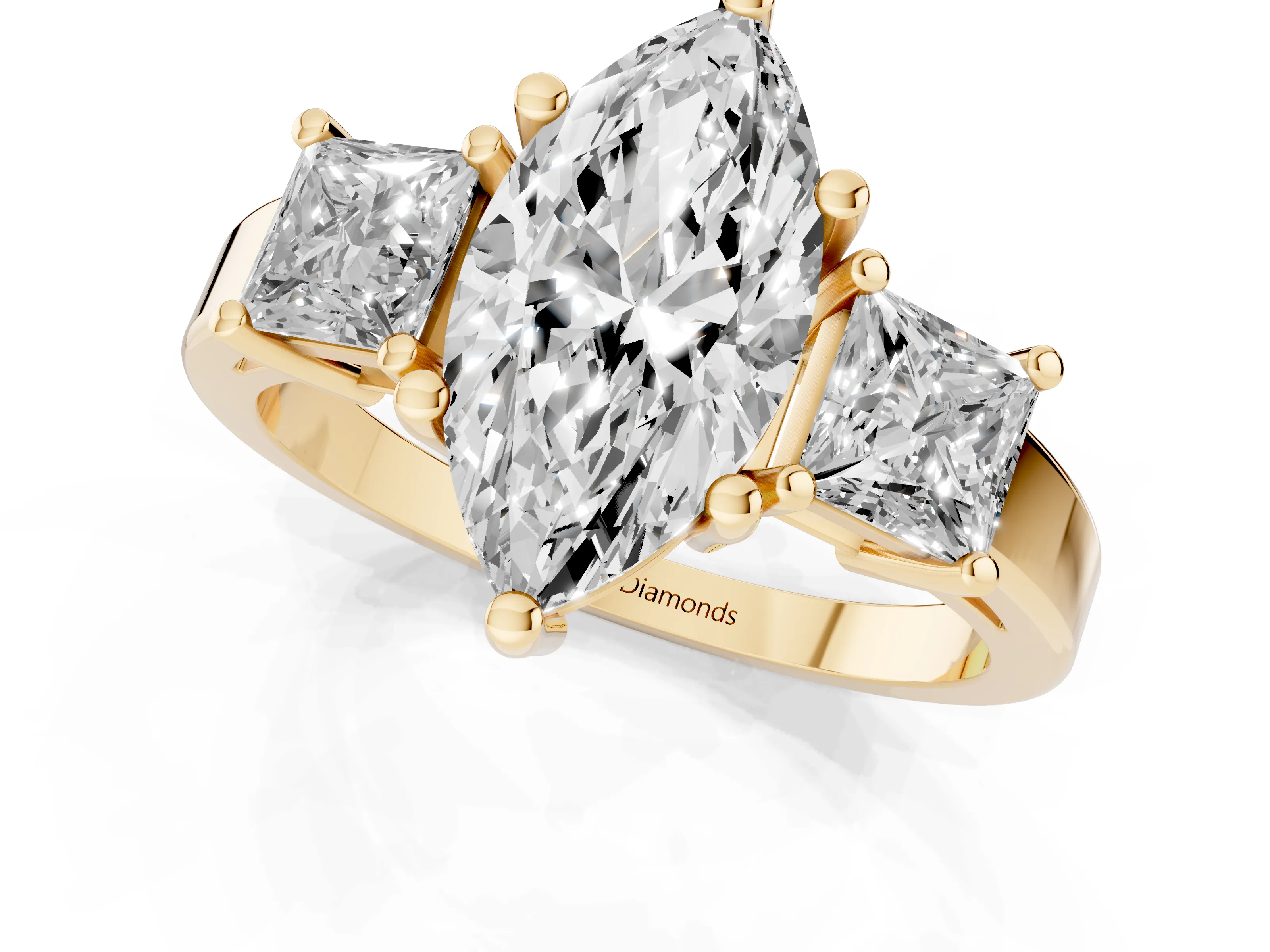 Three-Stone Marquise Cut Diamond Solitaire Ring Set in Yellow gold with Prong Setting