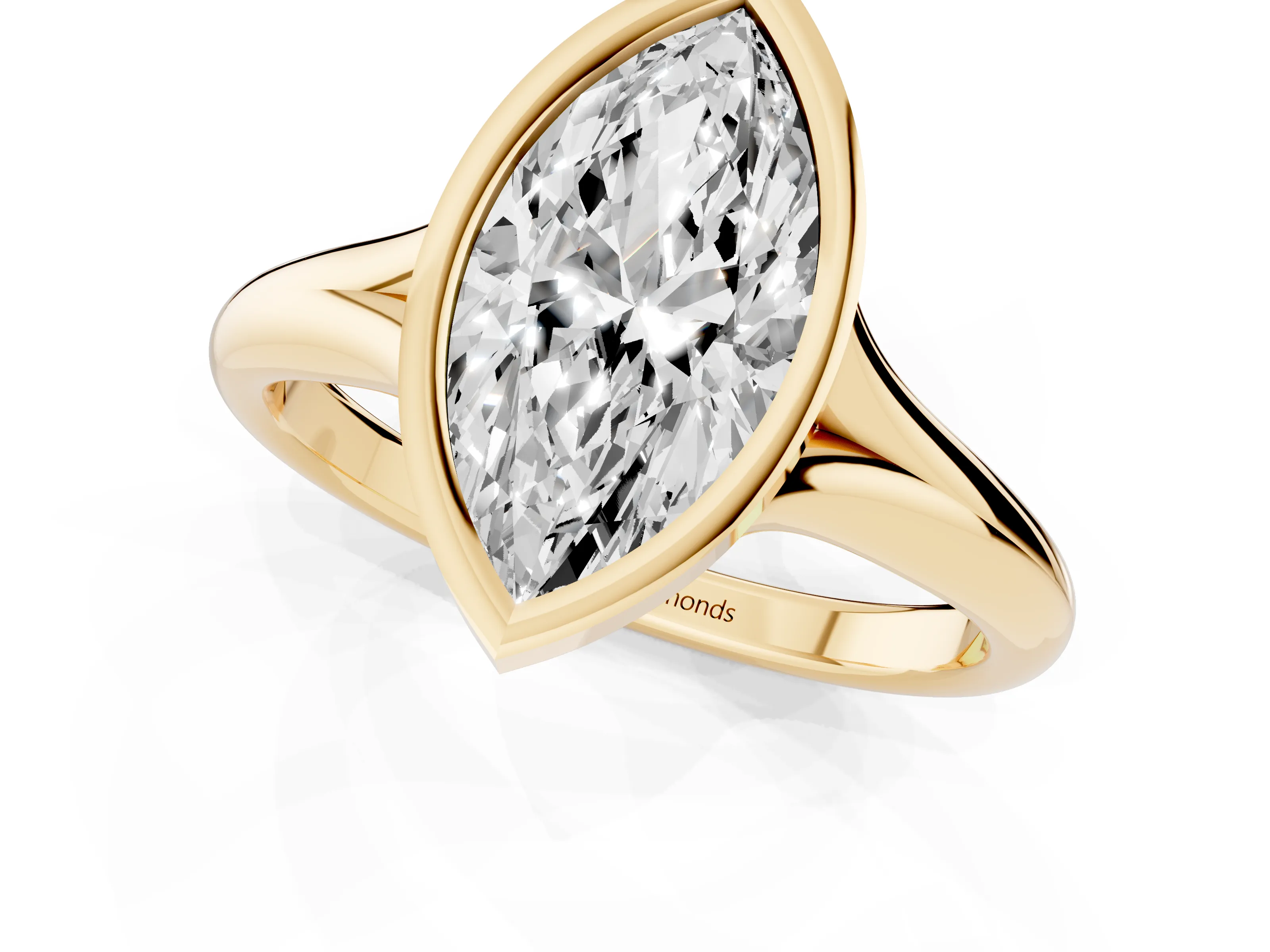 Bezel Set Marquise Cut Diamond Solitaire Ring Set in Yellow gold with Smooth Band