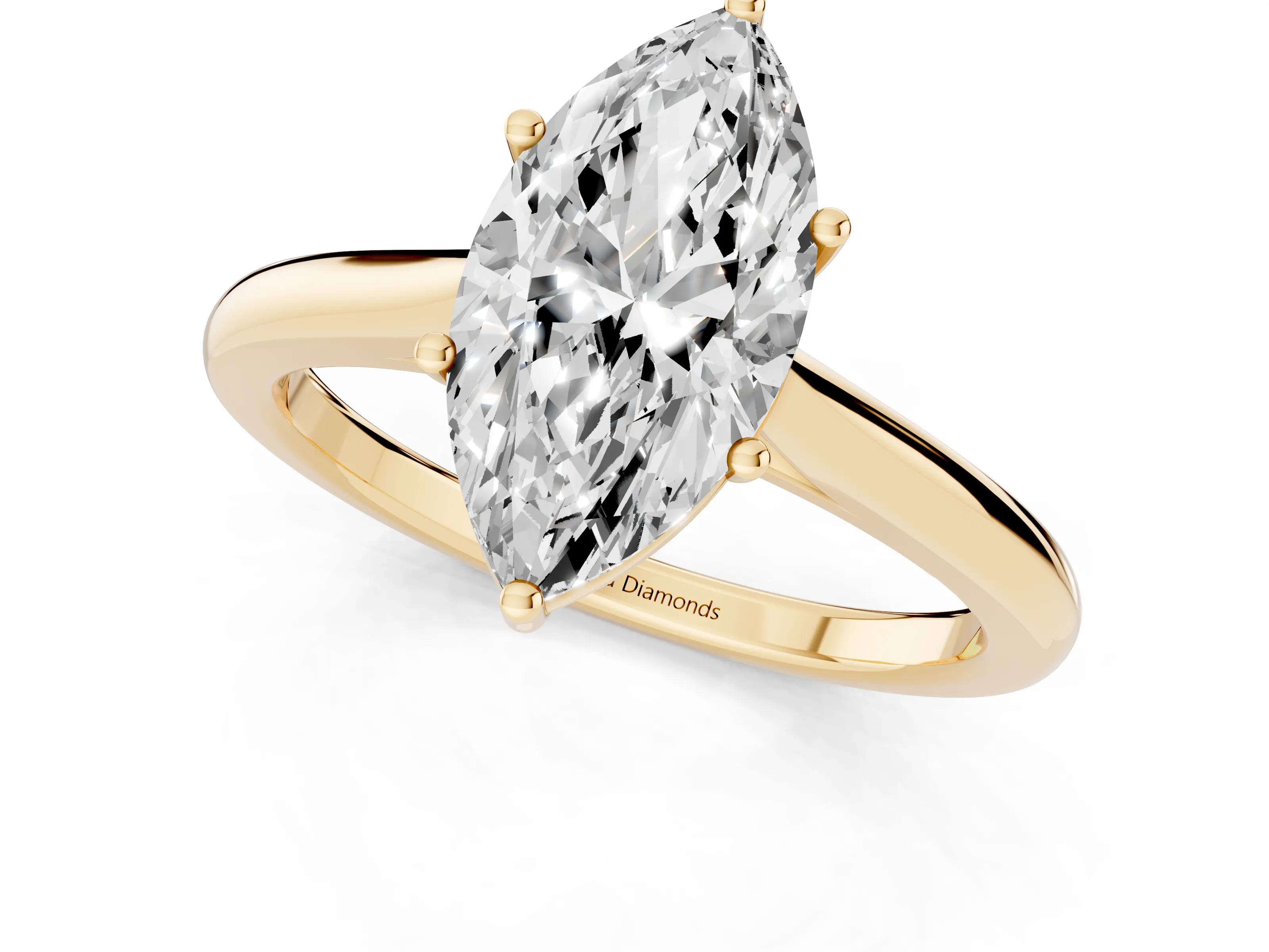 Marquise Cut Diamond Solitaire Ring Set in Yellow gold with Cathedral Band and Prong Setting – second view