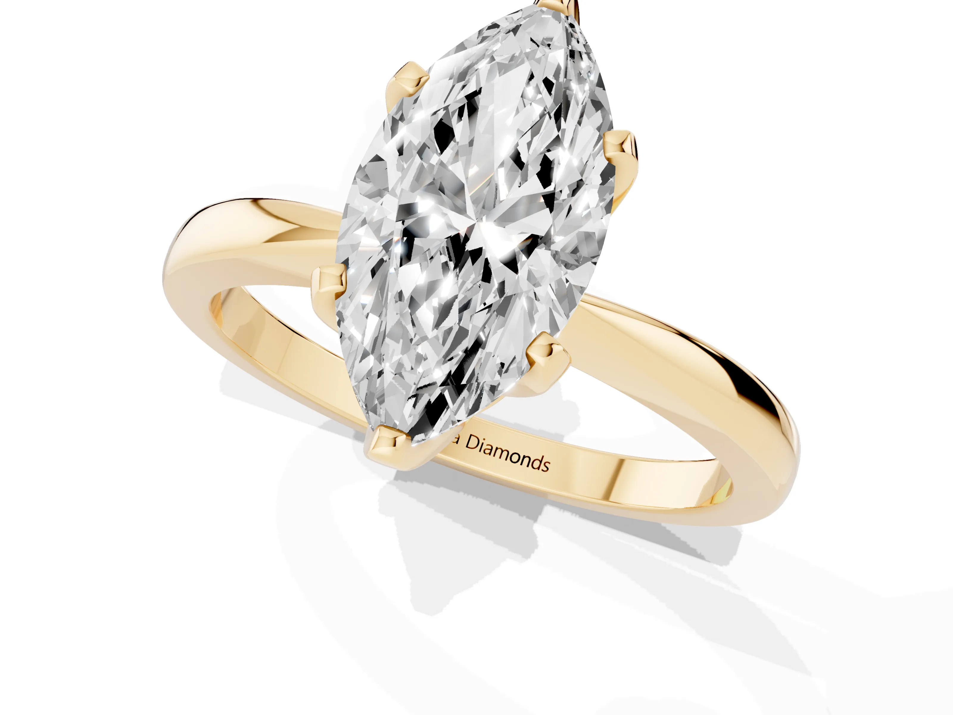 Marquise Cut Diamond Solitaire Engagement Ring Set in Yellow gold with Slim Tapered Solitaire Band