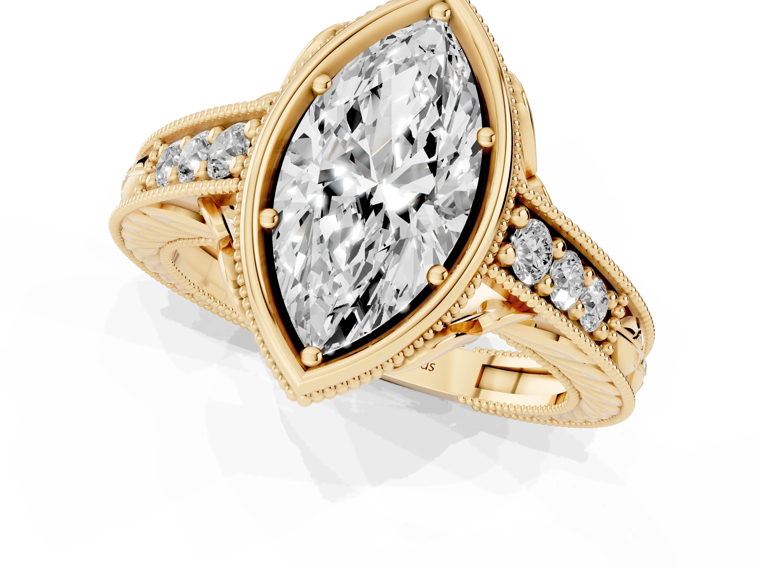 Bezel Set Marquise Cut Diamond Milgrain Pavé Engagement Ring Set in Yellow gold