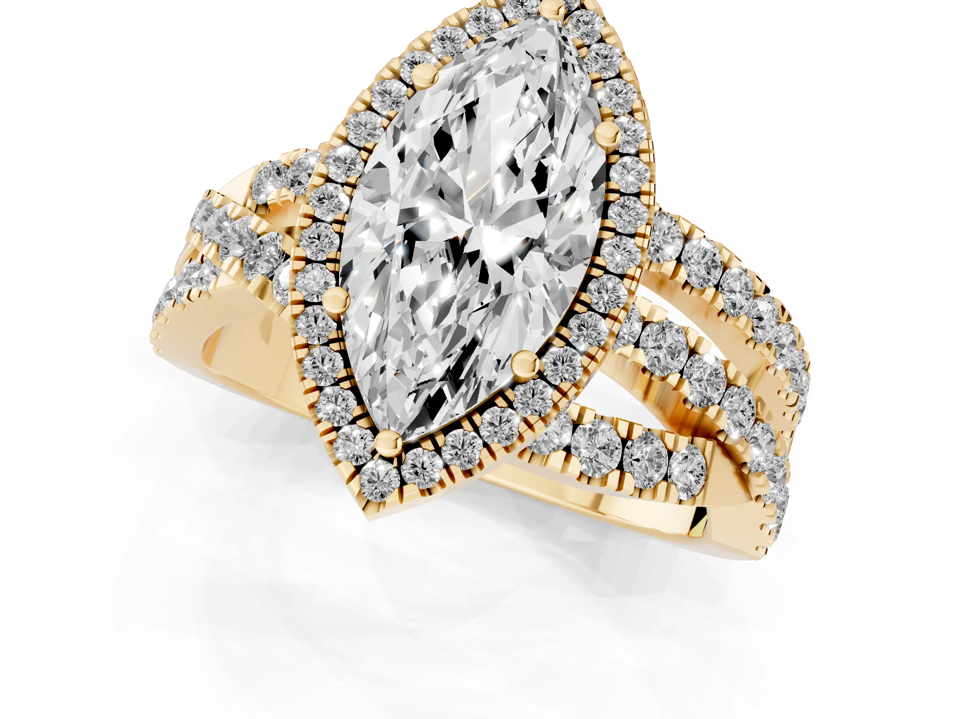 Marquise Cut Diamond Halo Ring Set in Yellow gold with Round Crossover Split Shank and Prong Setting