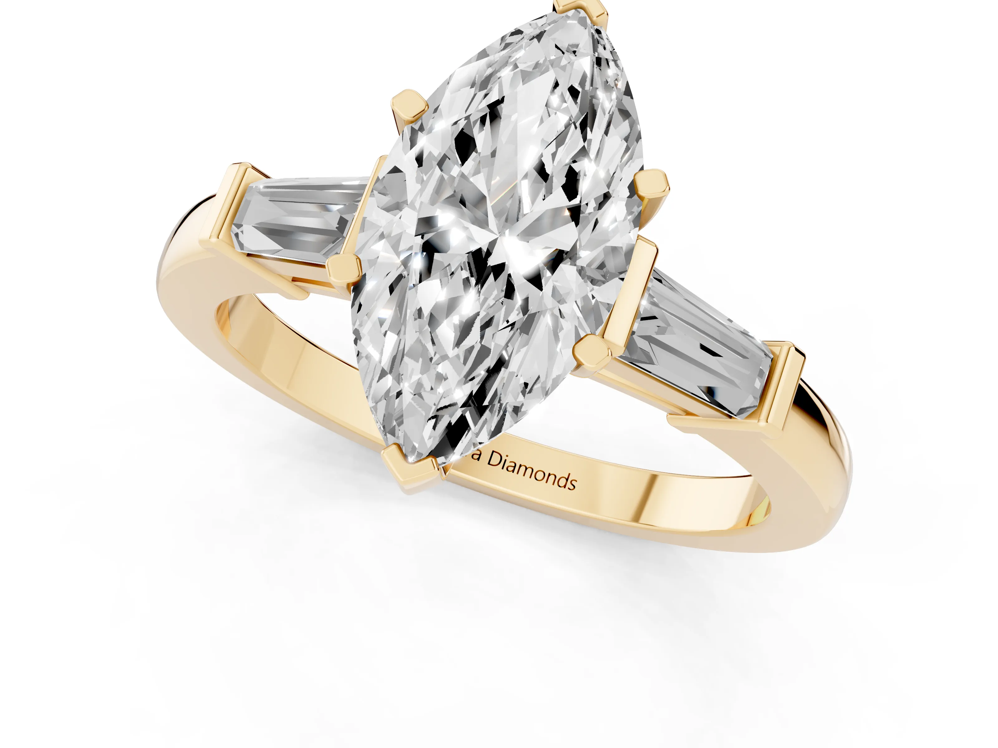 Marquise Cut Diamond Solitaire Ring Set in Yellow gold with Tapered Baguette Accents and Prong Setting
