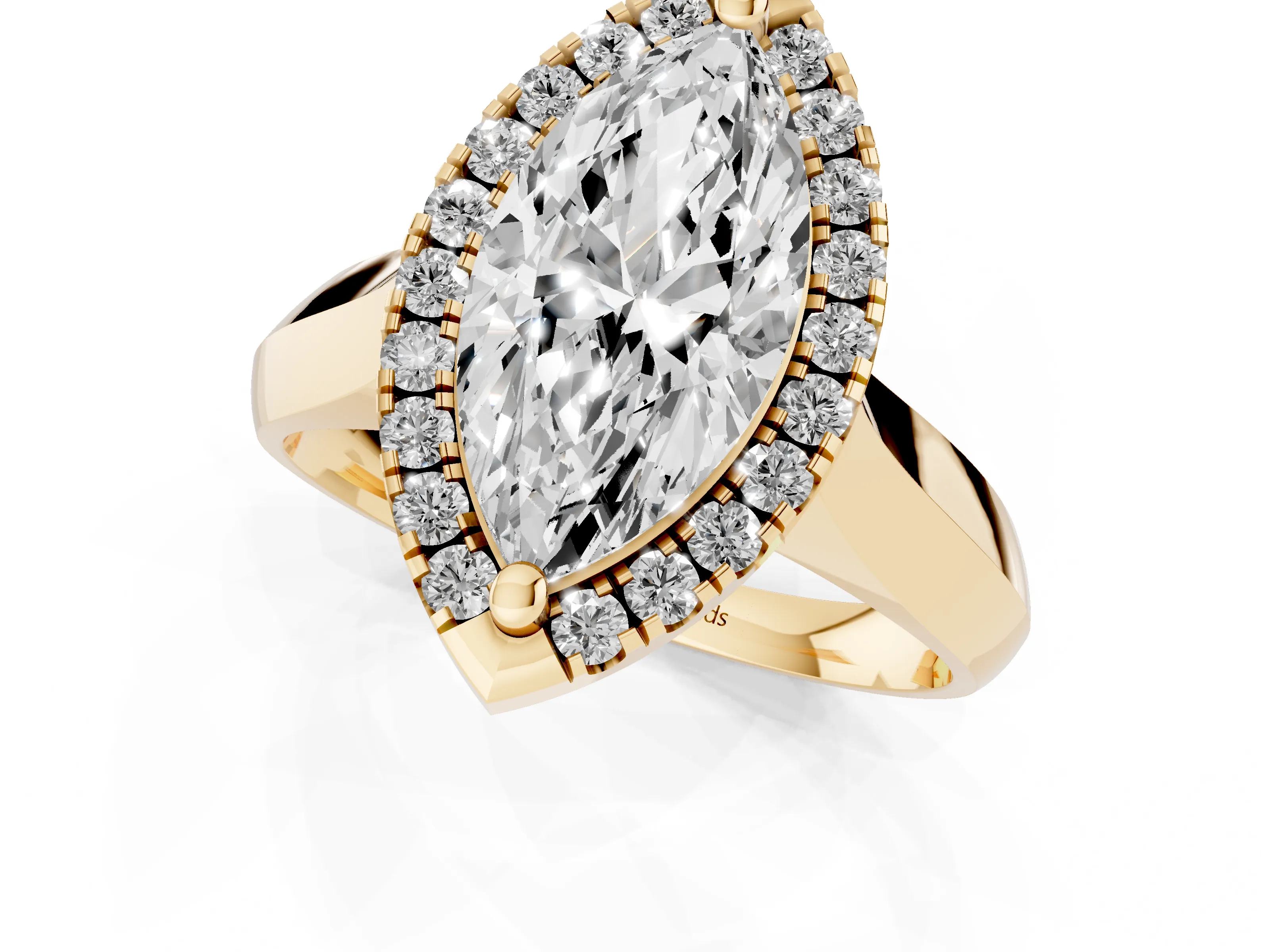 Marquise Cut Diamond Halo Solitaire Engagement Ring Set in Yellow gold with Square Band and Prong Setting