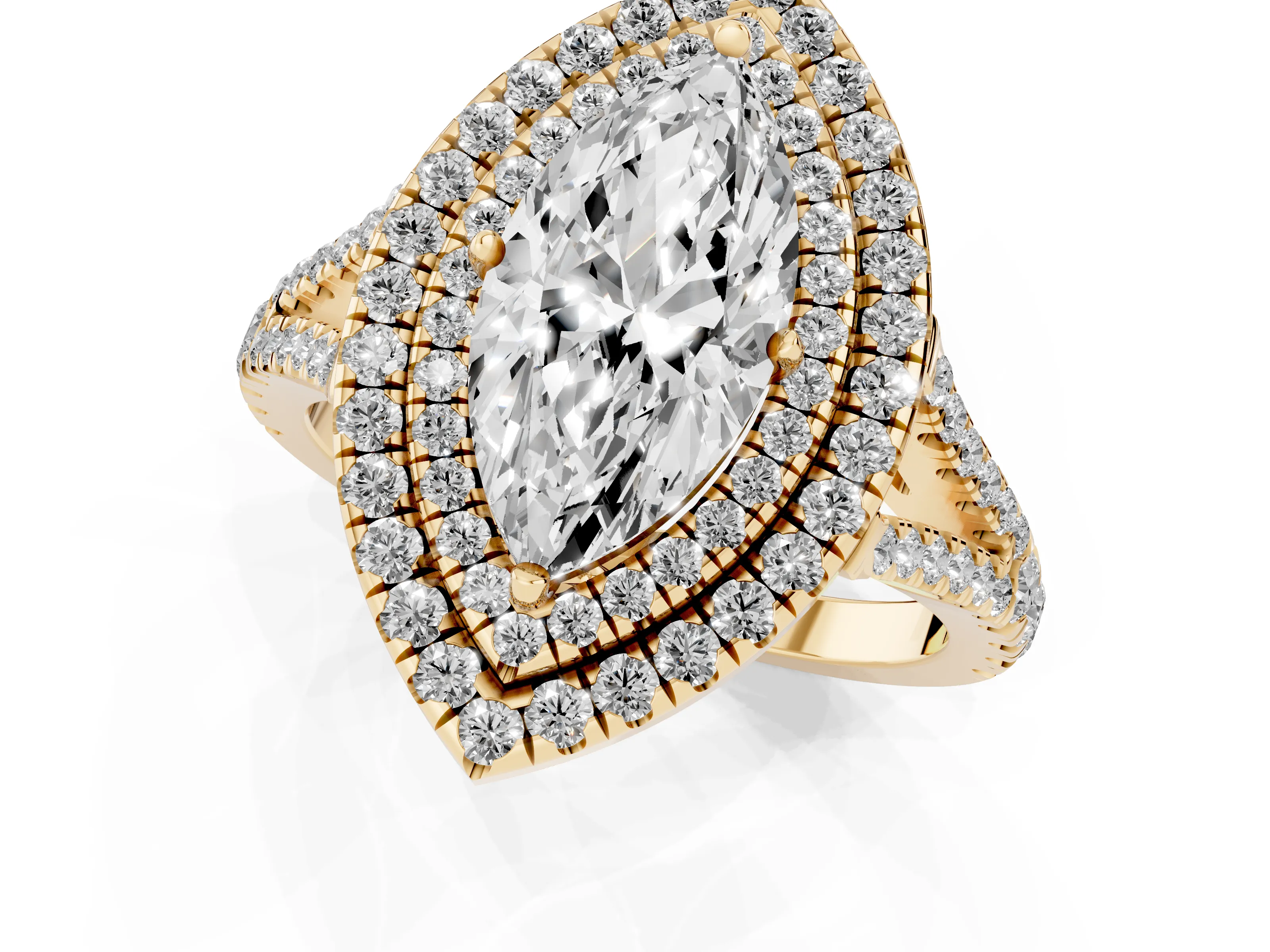Marquise Cut Diamond Double Halo Ring Set in Yellow gold with Pavé Band