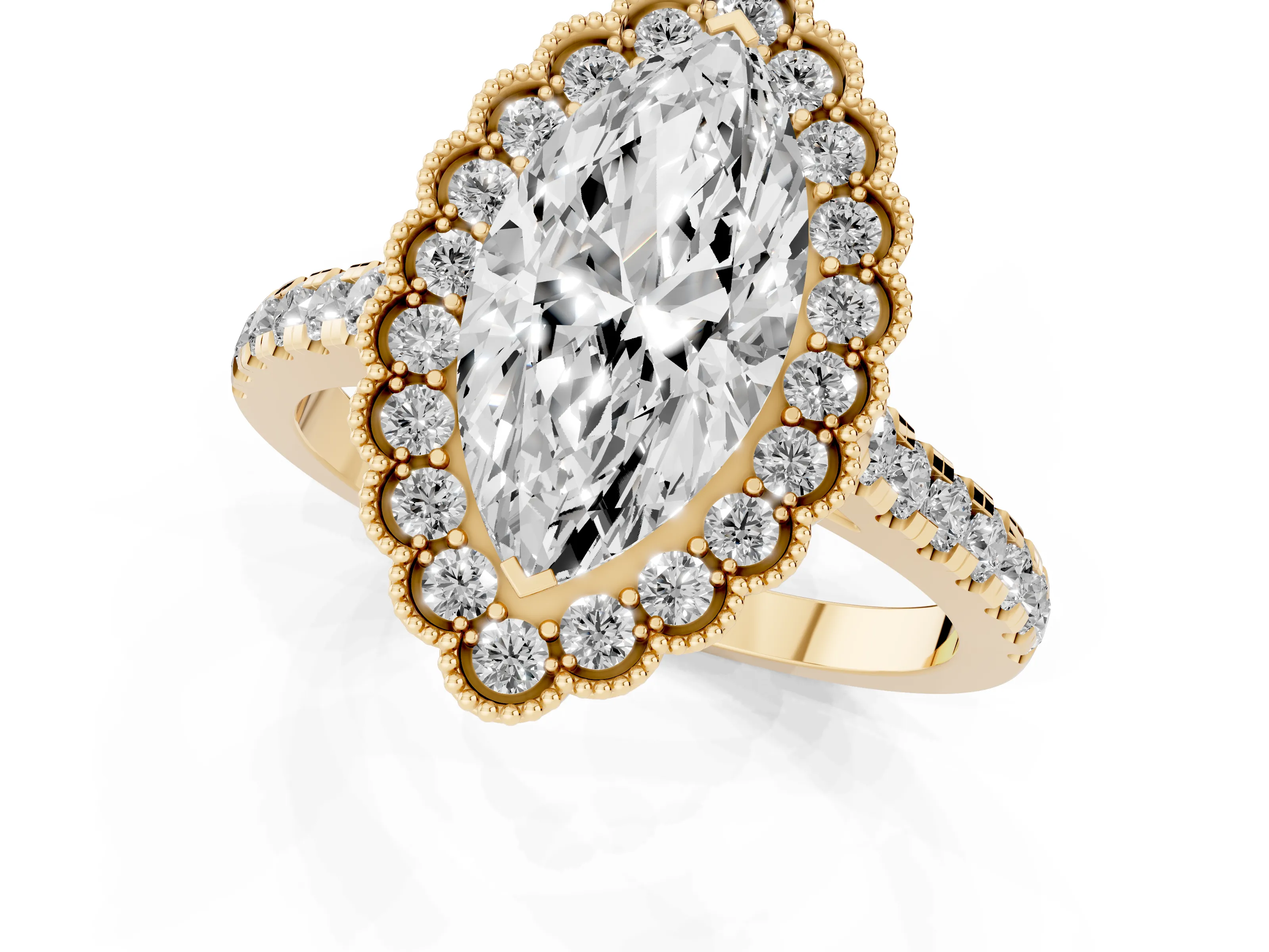 Marquise Cut Diamond Milgrain Floral Halo Engagement Ring Set in Yellow gold with Pavé Band