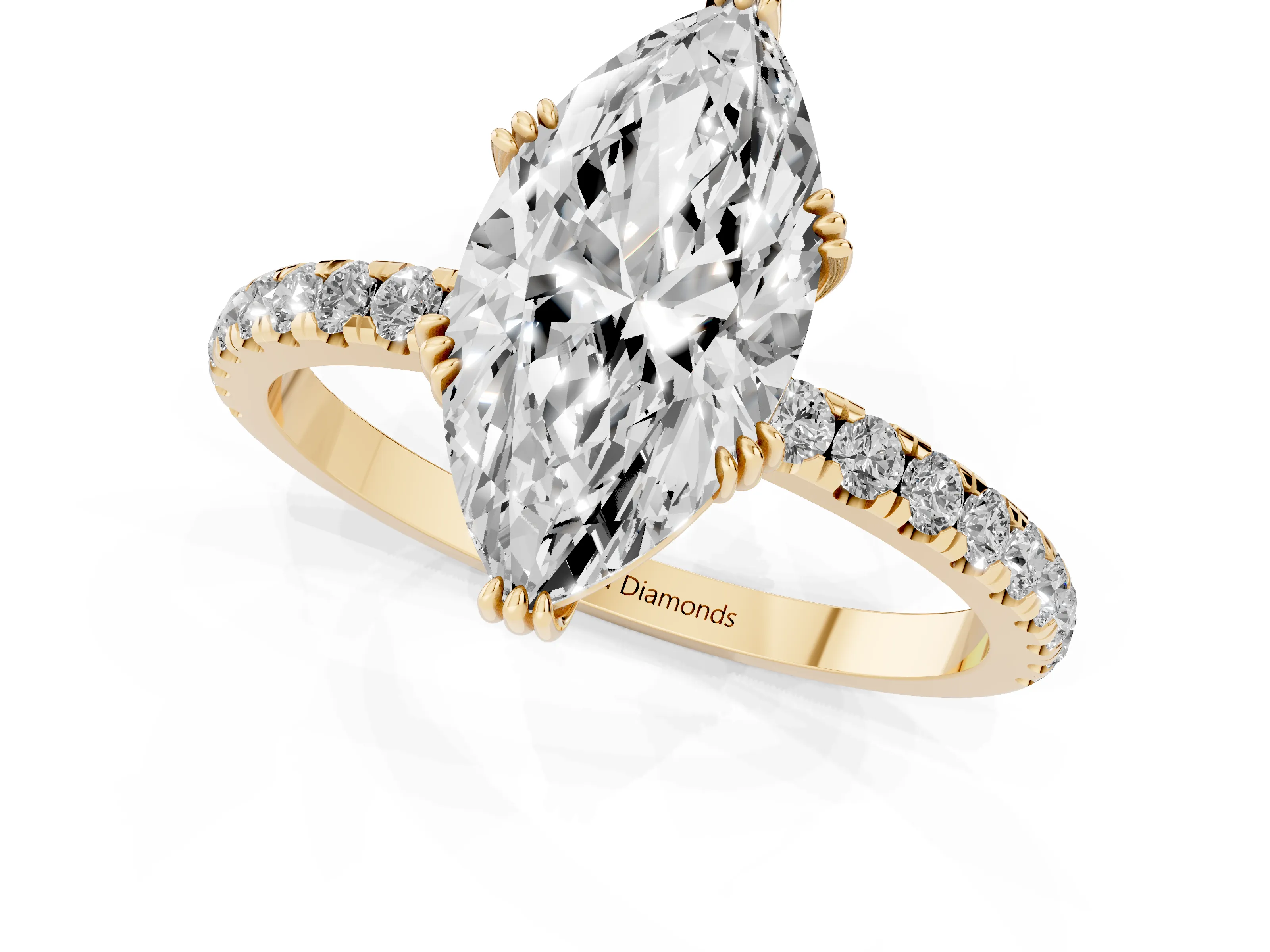 Marquise Cut Diamond Brilliant Solitaire Set in Yellow gold with Pavé Band and Claw Prong Setting