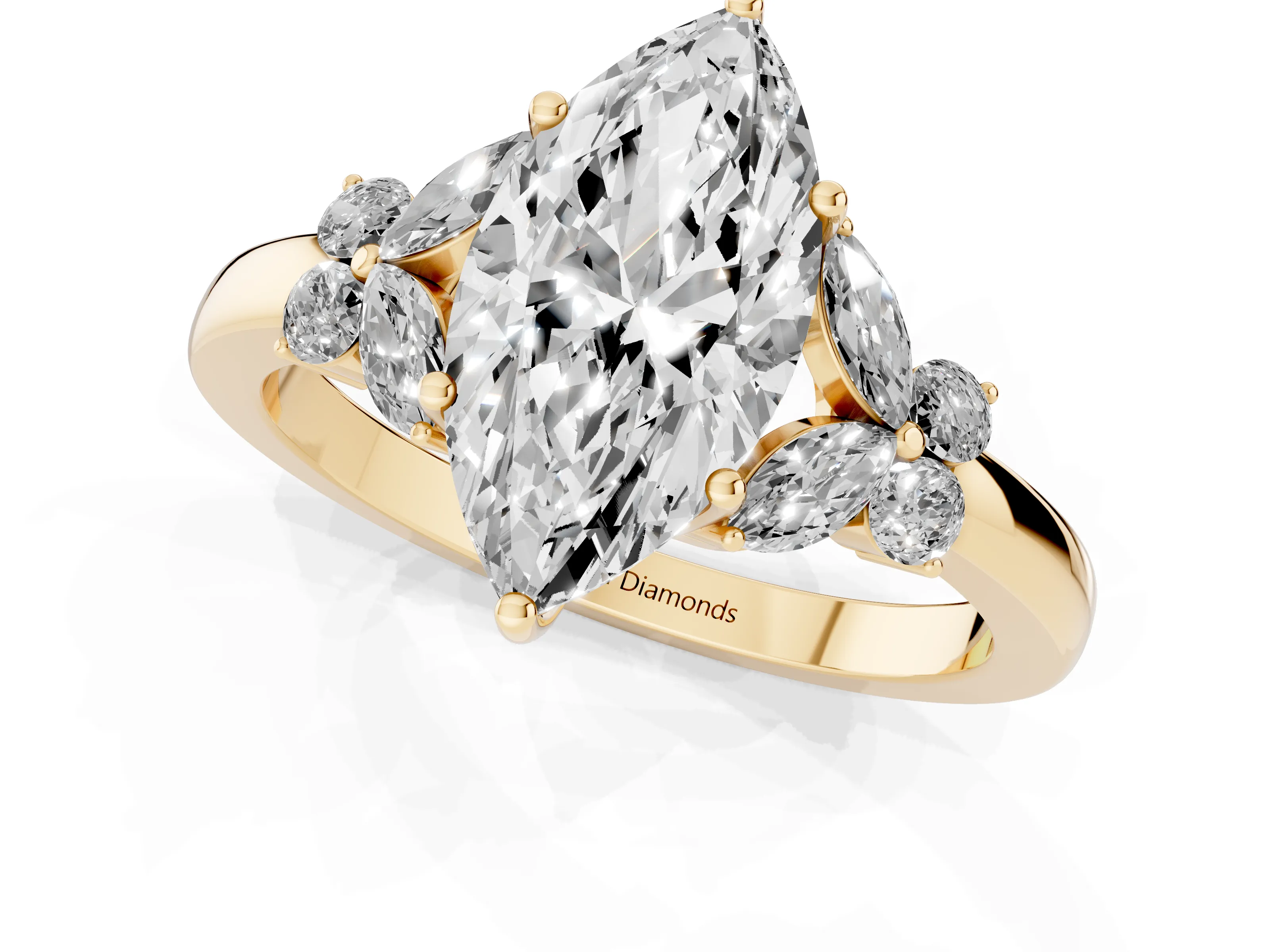 Marquise Cut Diamond Solitaire Floral Ring Set in Yellow gold with Marquise Petals and Prong Setting