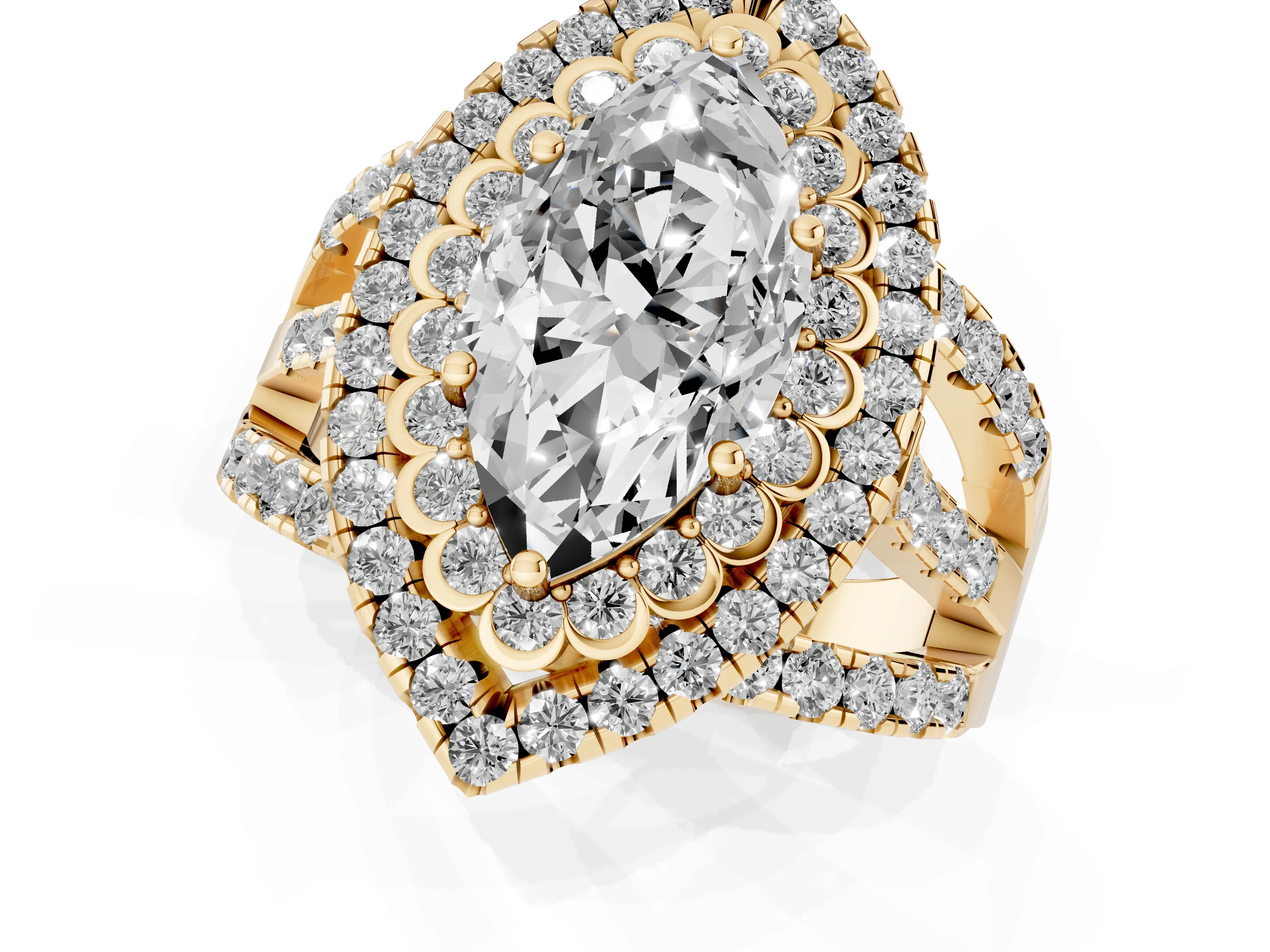 Marquise Cut Diamond Double Halo Ring Set in Yellow gold with Round Pavé Split Shank