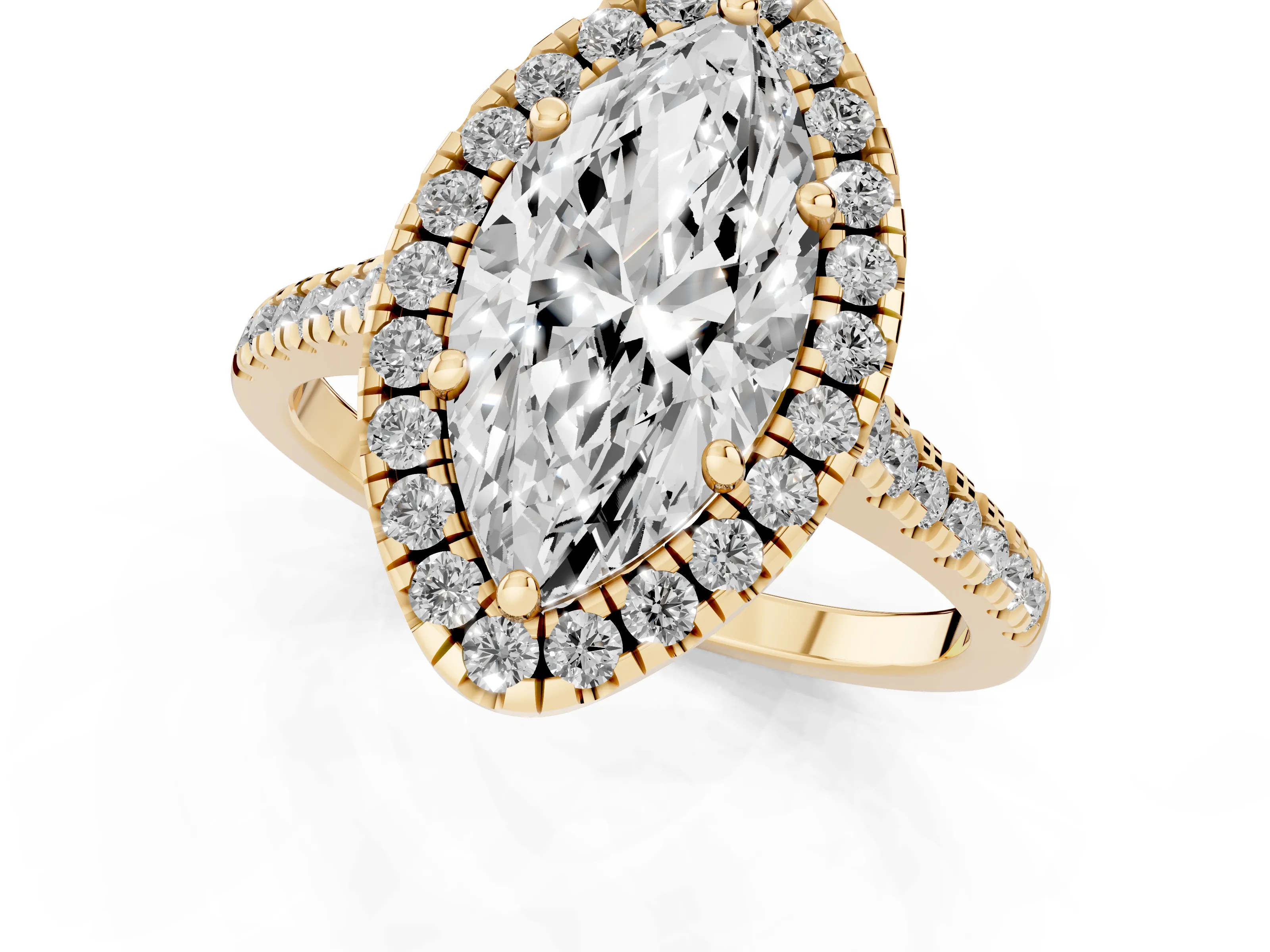 Marquise Cut Diamond Cushion Halo Ring Set in Yellow gold with Pavé Band – second view
