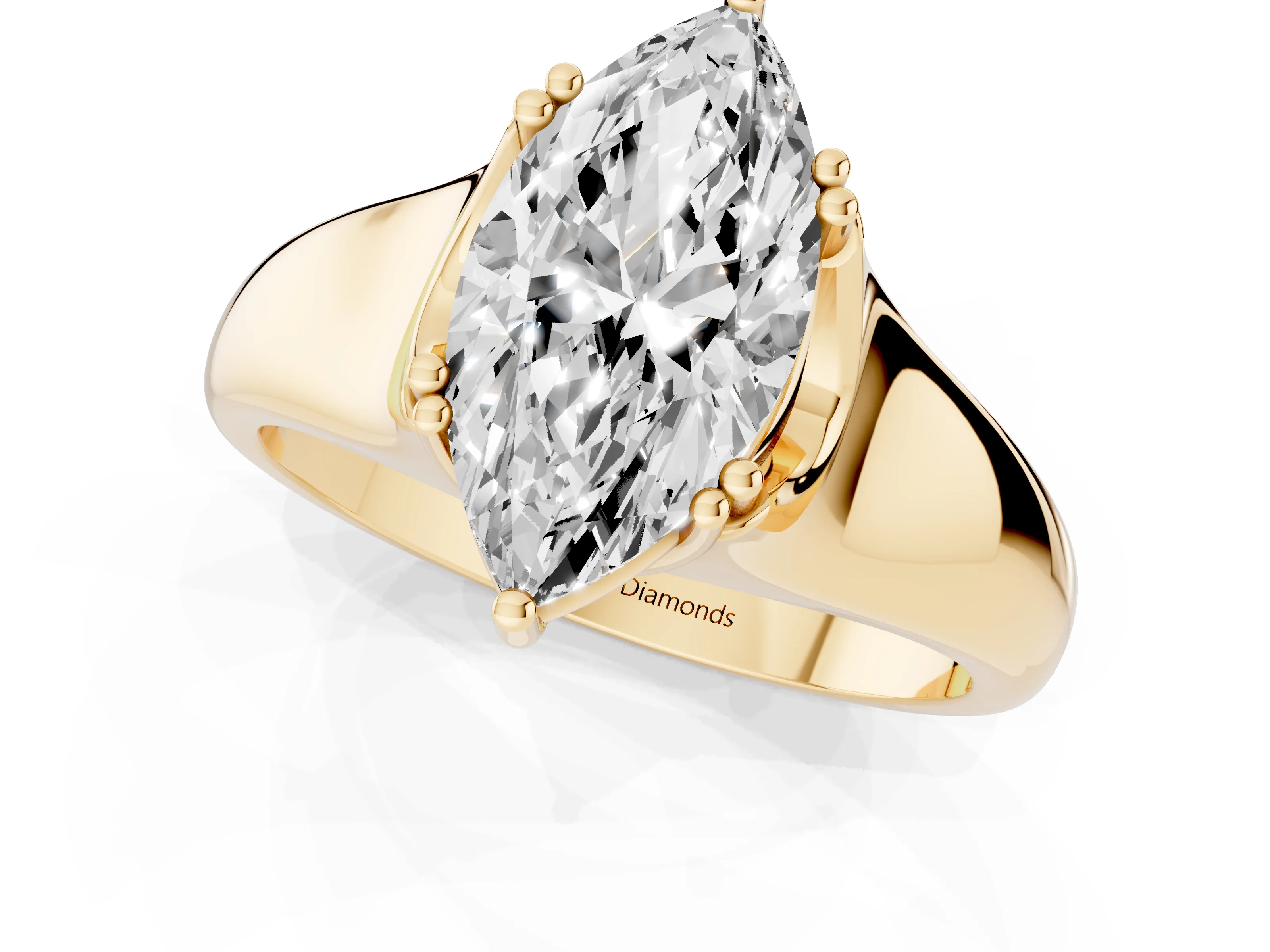 Marquise Cut Diamond Solitaire Ring Set in Yellow gold with Wide Band and Prong Setting