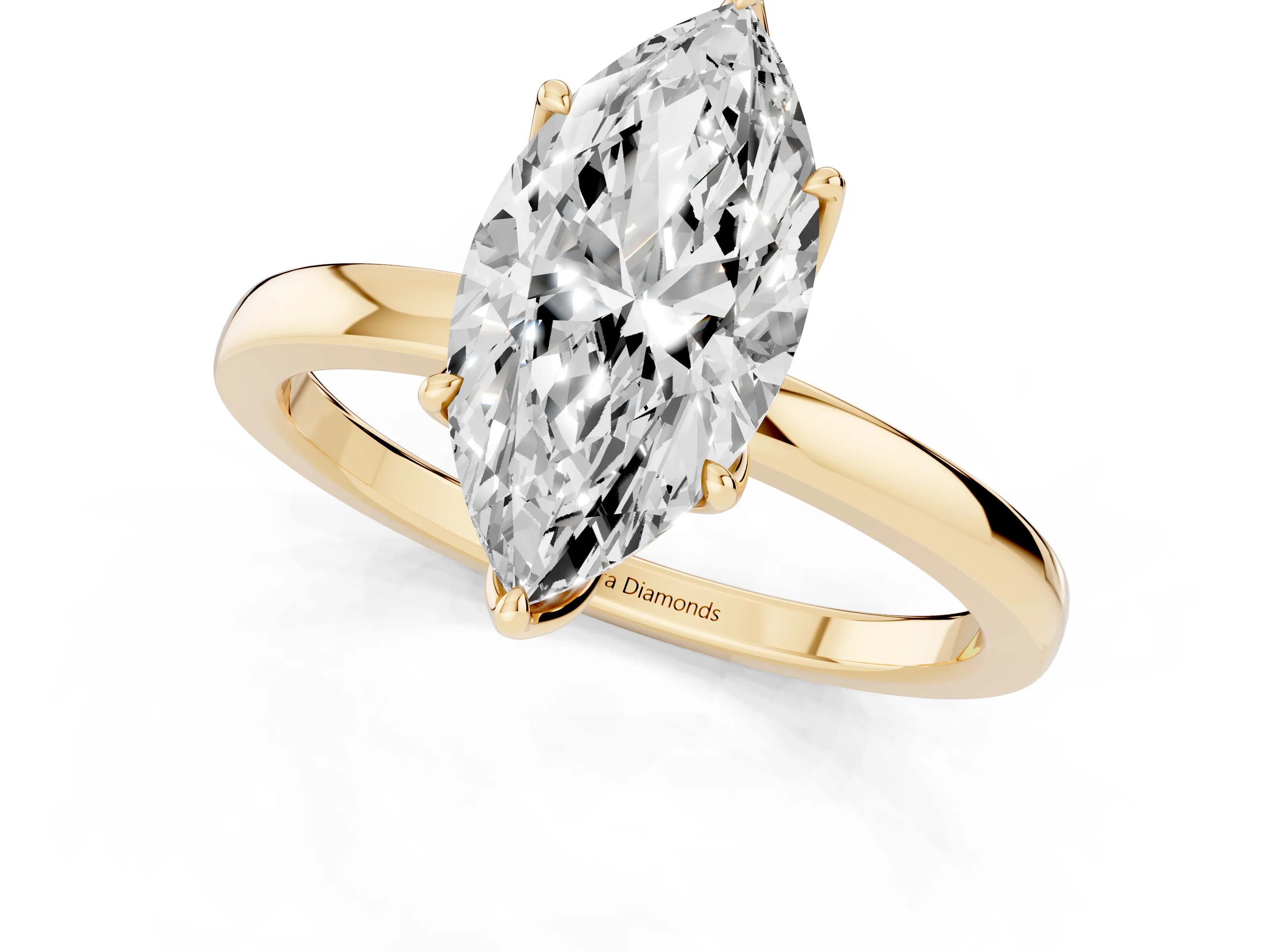 Marquise Cut Diamond Solitaire Ring Set in Yellow gold with Prong Setting and Thin Polished Band