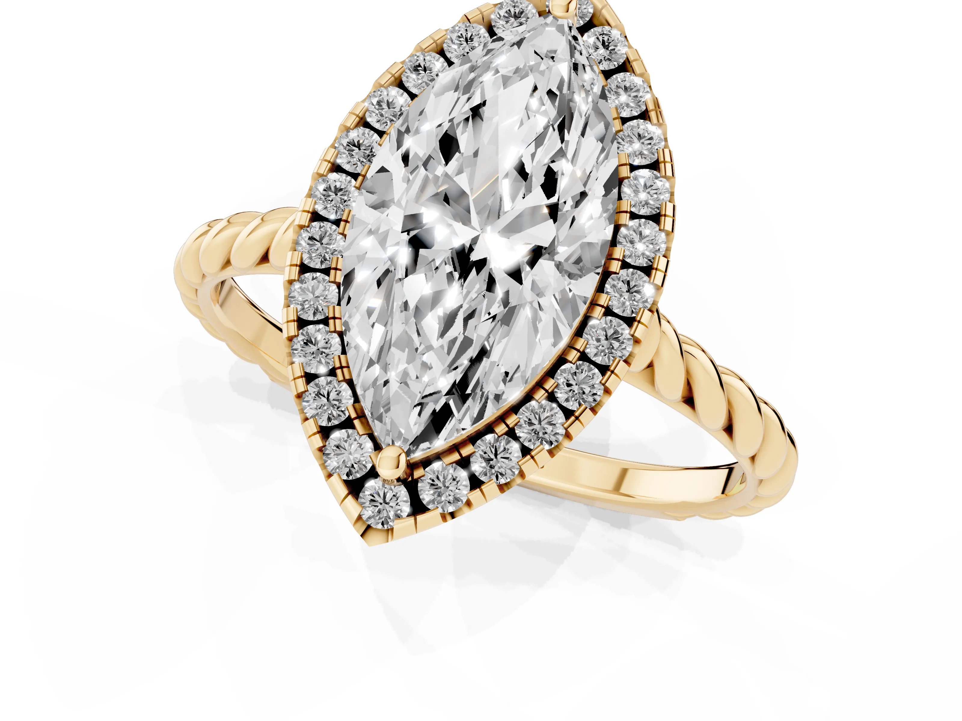 Marquise Cut Diamond Halo Ring Set in Yellow gold with Plain Twisted Band