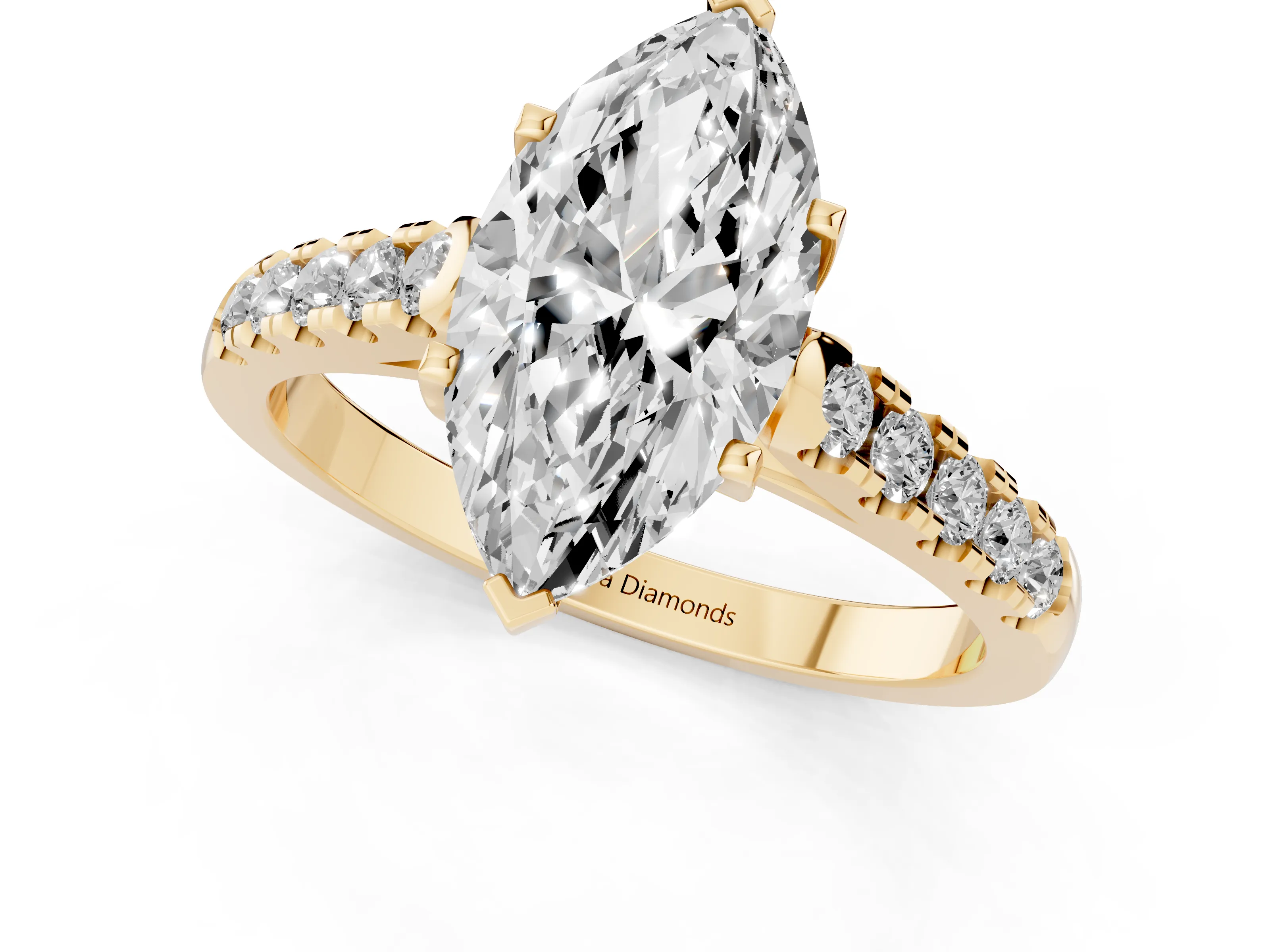 Marquise Cut Diamond Pavé Band Solitaire Ring Set in Yellow gold with Partway Accent Stones and Prong Setting – second view