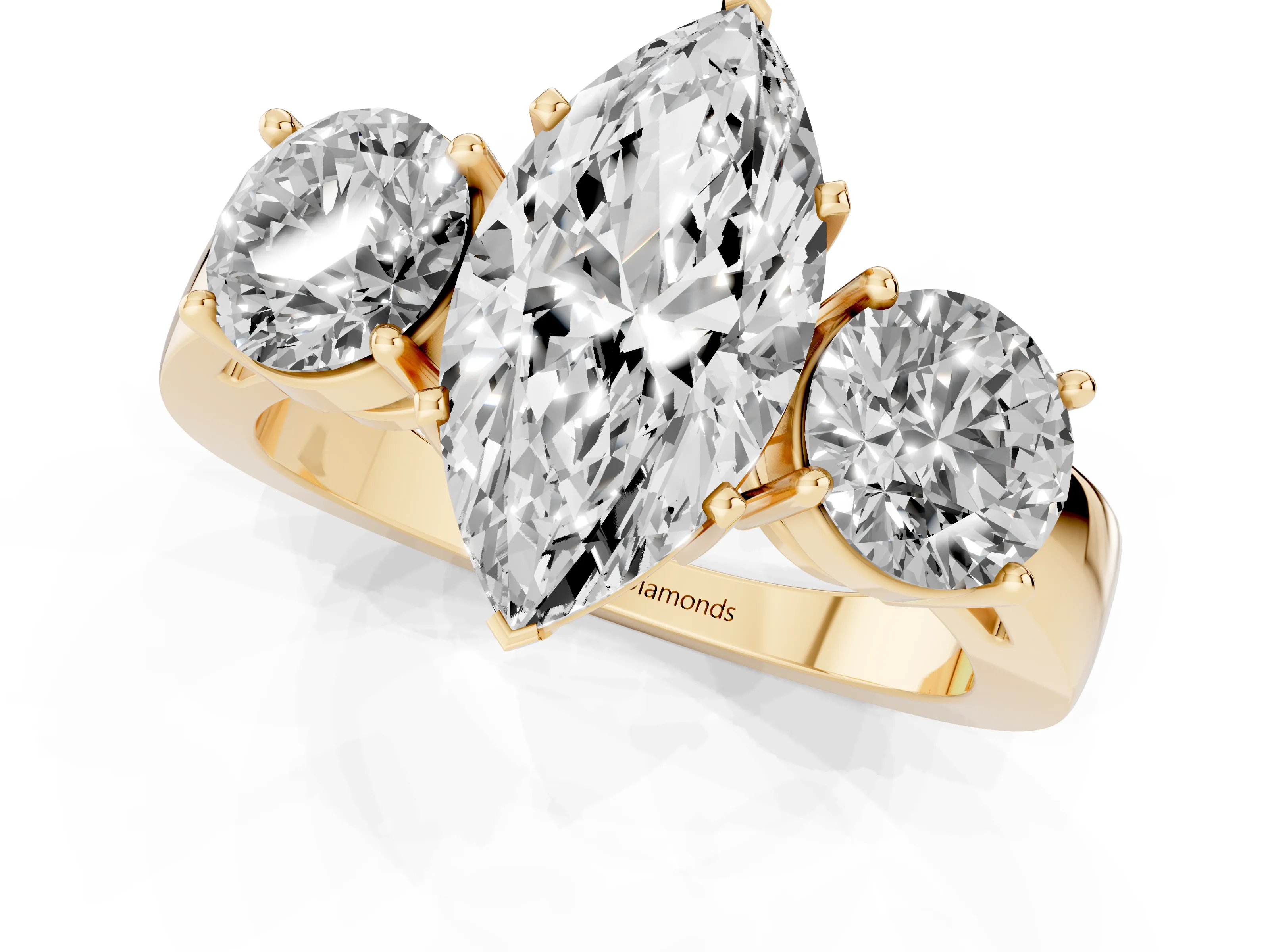 Marquise Cut Diamond Three-Stone Ring Set in Yellow gold with Round Side Stones and Classic Band