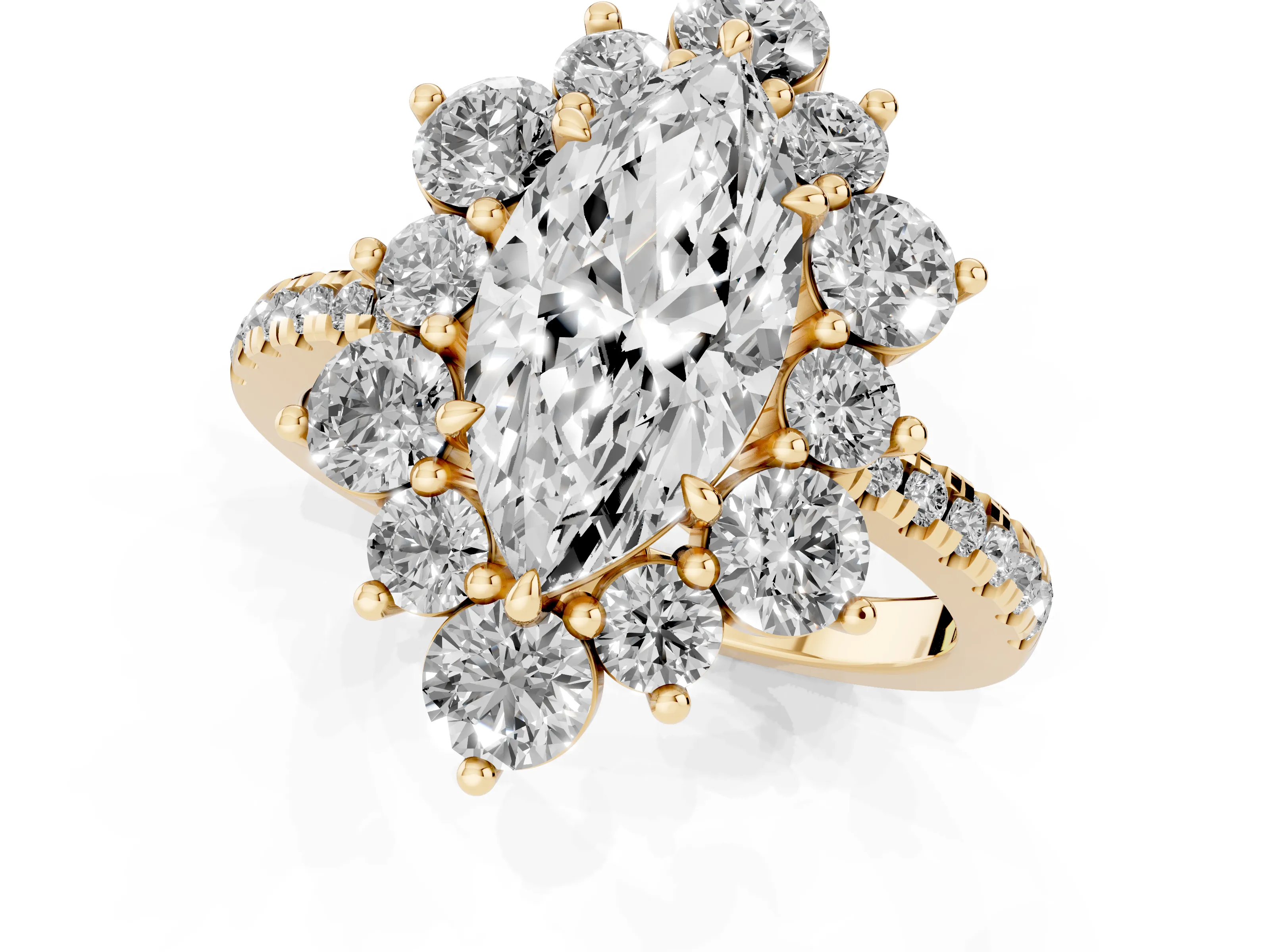 Marquise Cut Diamond Floral Halo Ring Set in Yellow gold with Round Pavé Band and Prong Setting